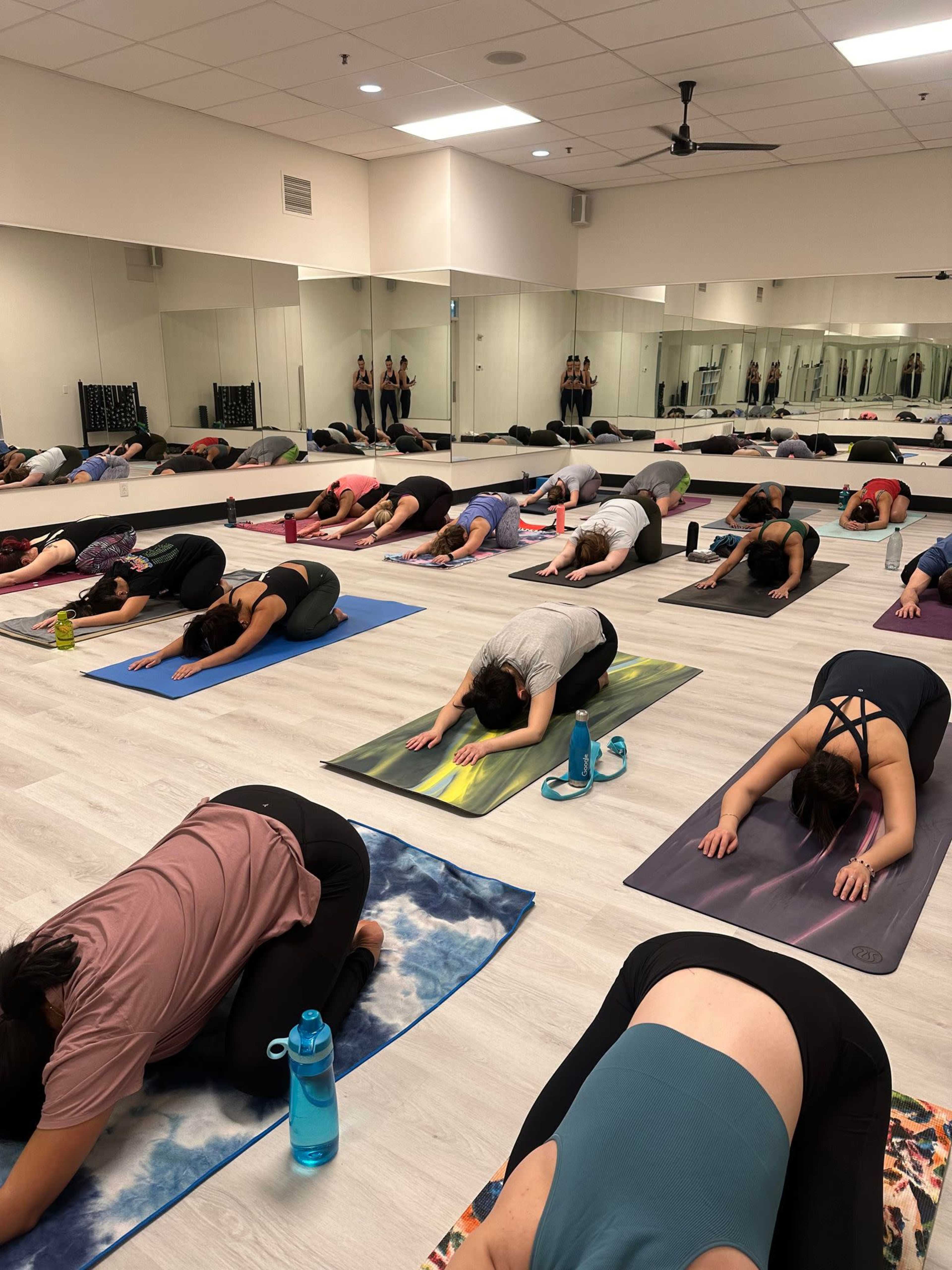 A group of people practice yoga in a mirrored studio, following a pose that involves stretching forward on their mats.
