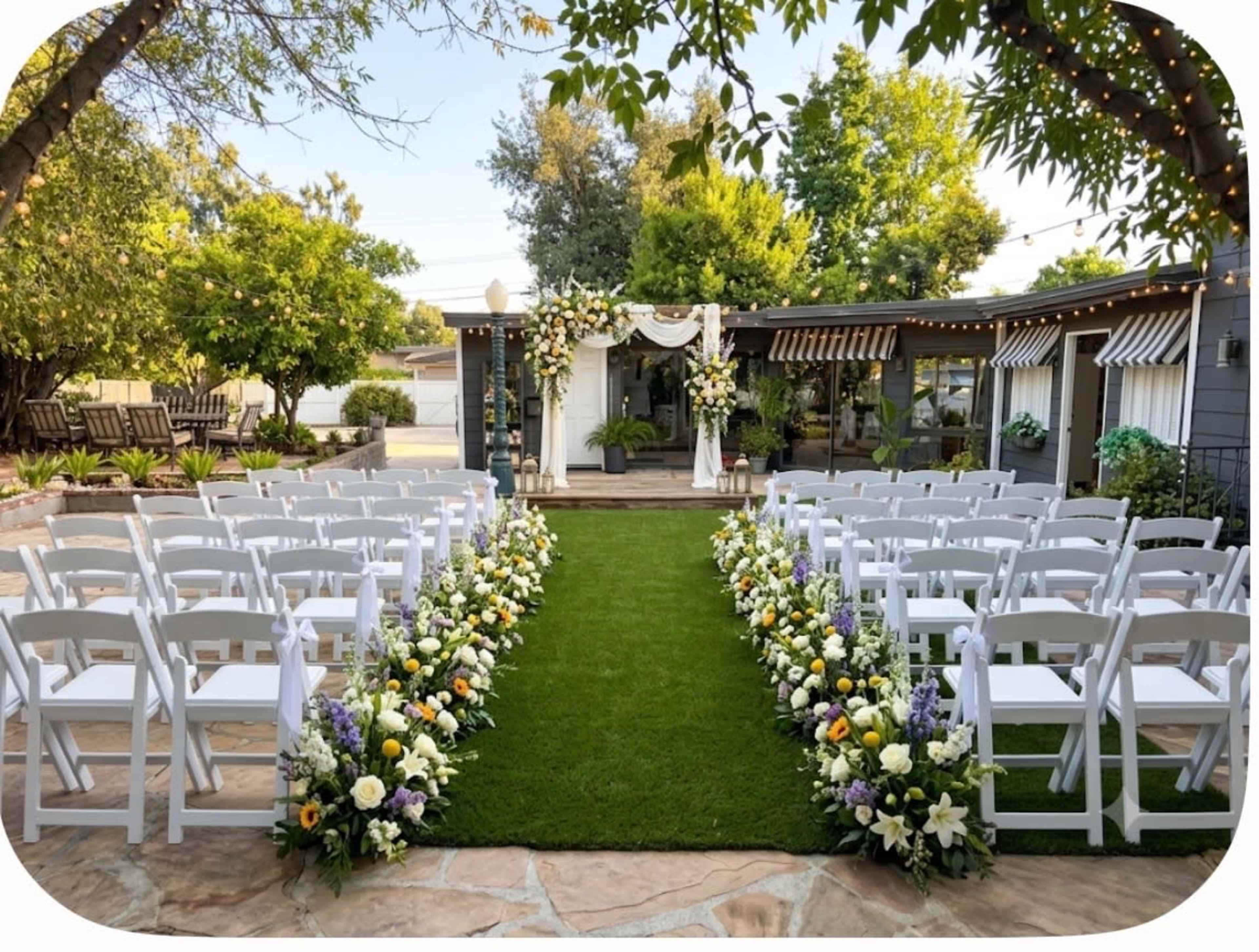 An outdoor wedding venue is set up with white chairs arranged along a grassy aisle, flanked by floral arrangements, leading to a decorated archway.