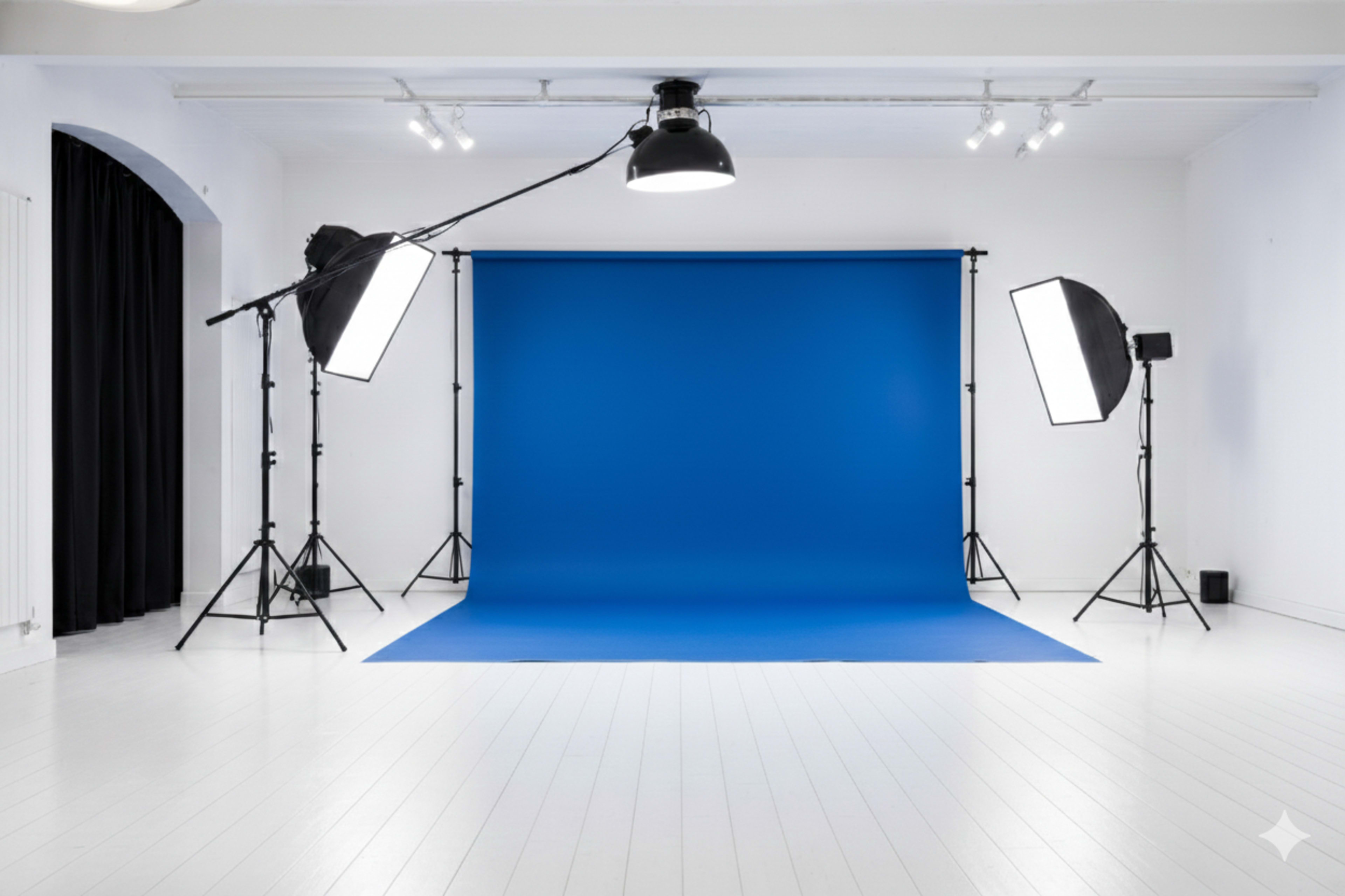The image shows a photography studio with a bright blue backdrop, two softbox lights on tripods, and a spotlight mounted from the ceiling, all set on a white wooden floor.