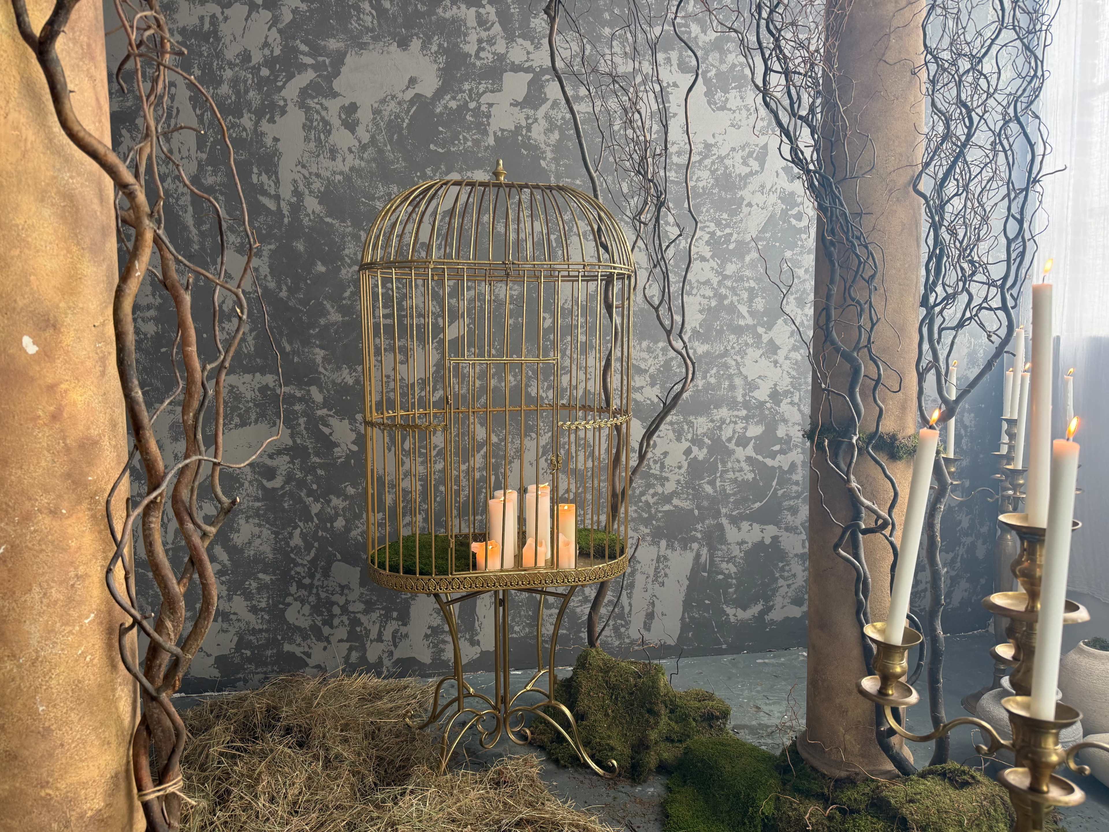 A vintage brass birdcage with candles inside sits on a moss-covered pedestal surrounded by twisted branches and a rustic backdrop.