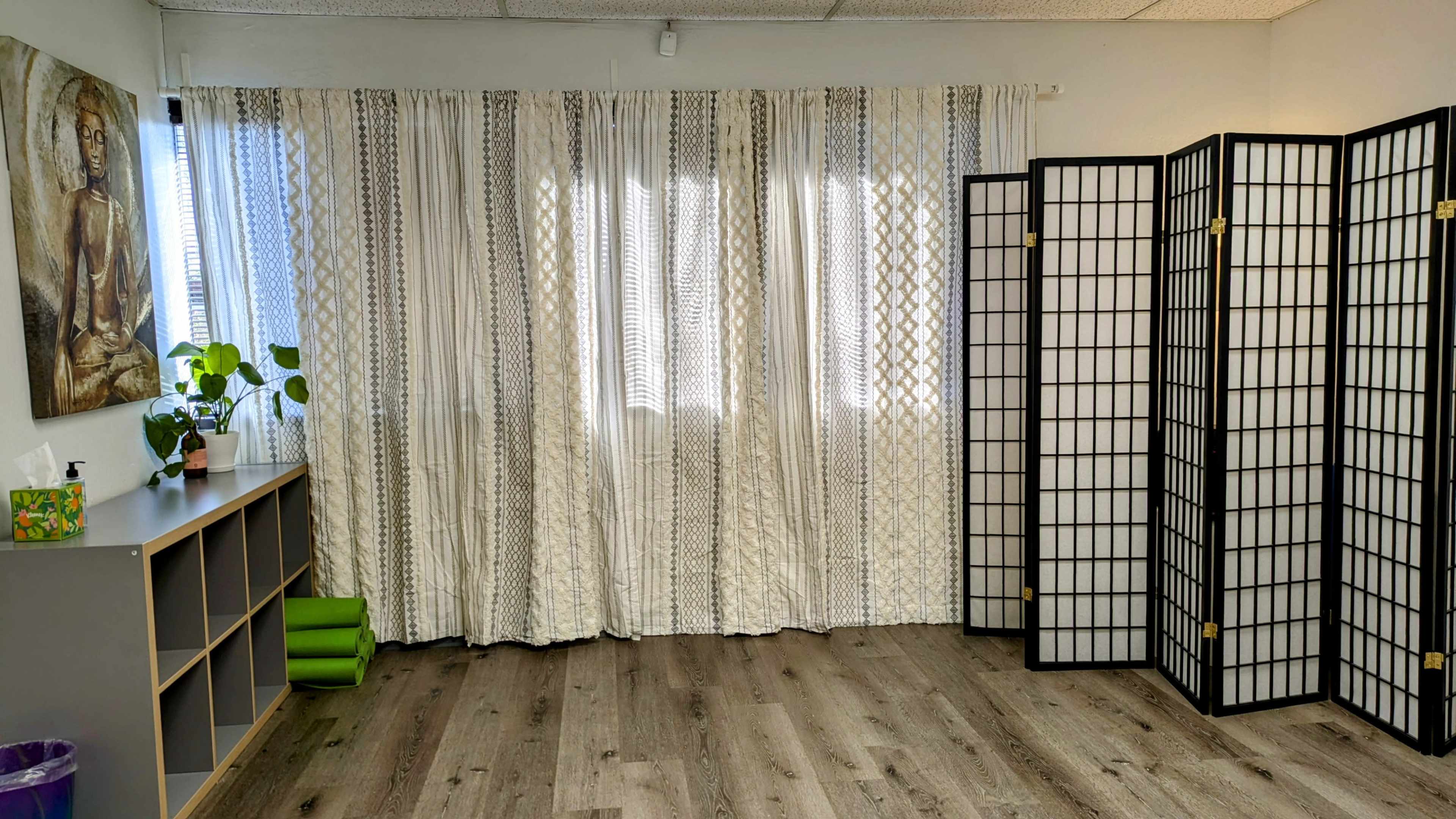The image shows a room with a wooden floor, a decorative wall hanging, a potted plant, a shelving unit, and folding screens near a window covered by light curtains.