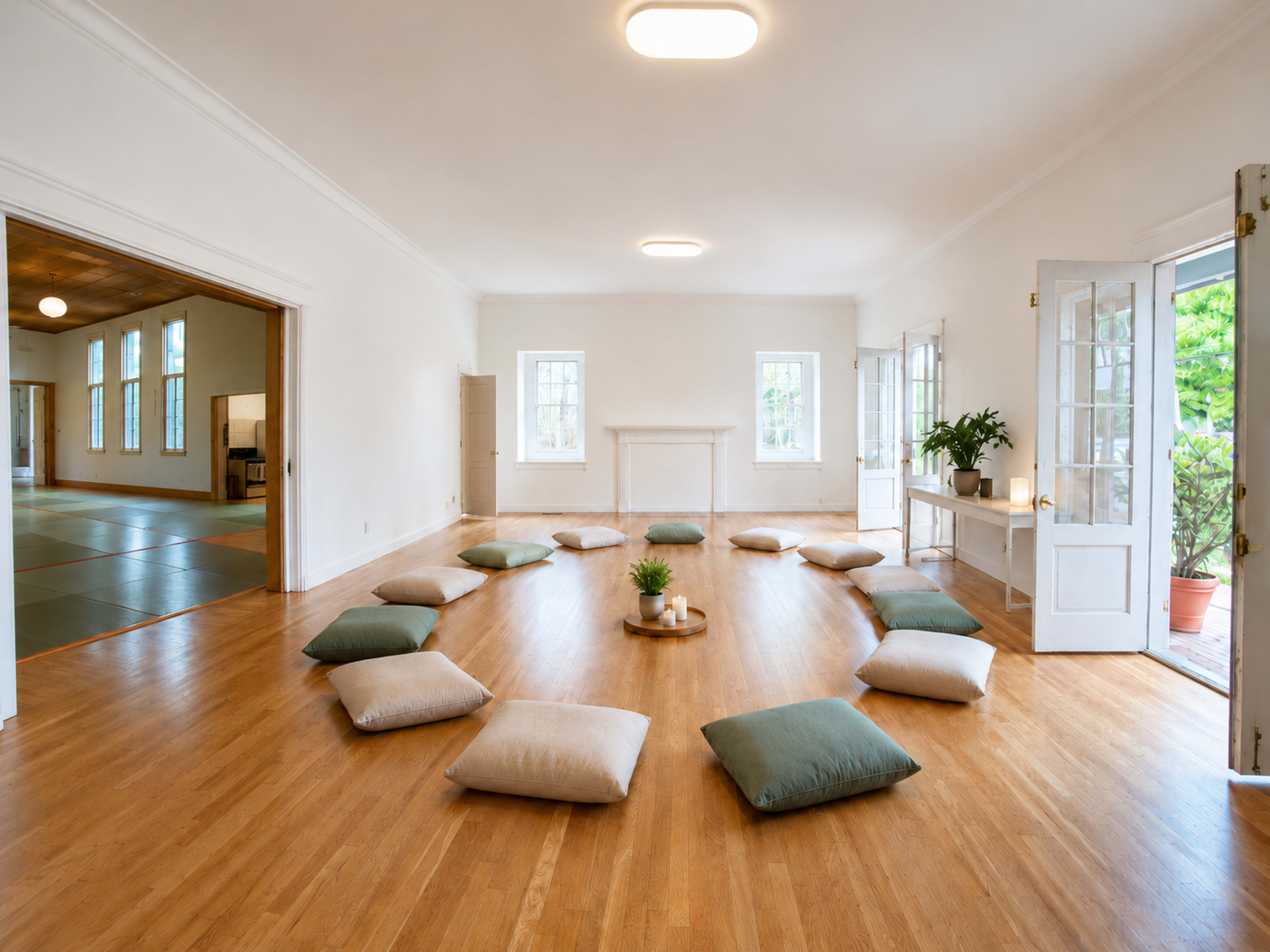 A spacious room with wooden floors features a circular arrangement of cushions around a small table with candles and a plant, flanked by large windows and open doors.