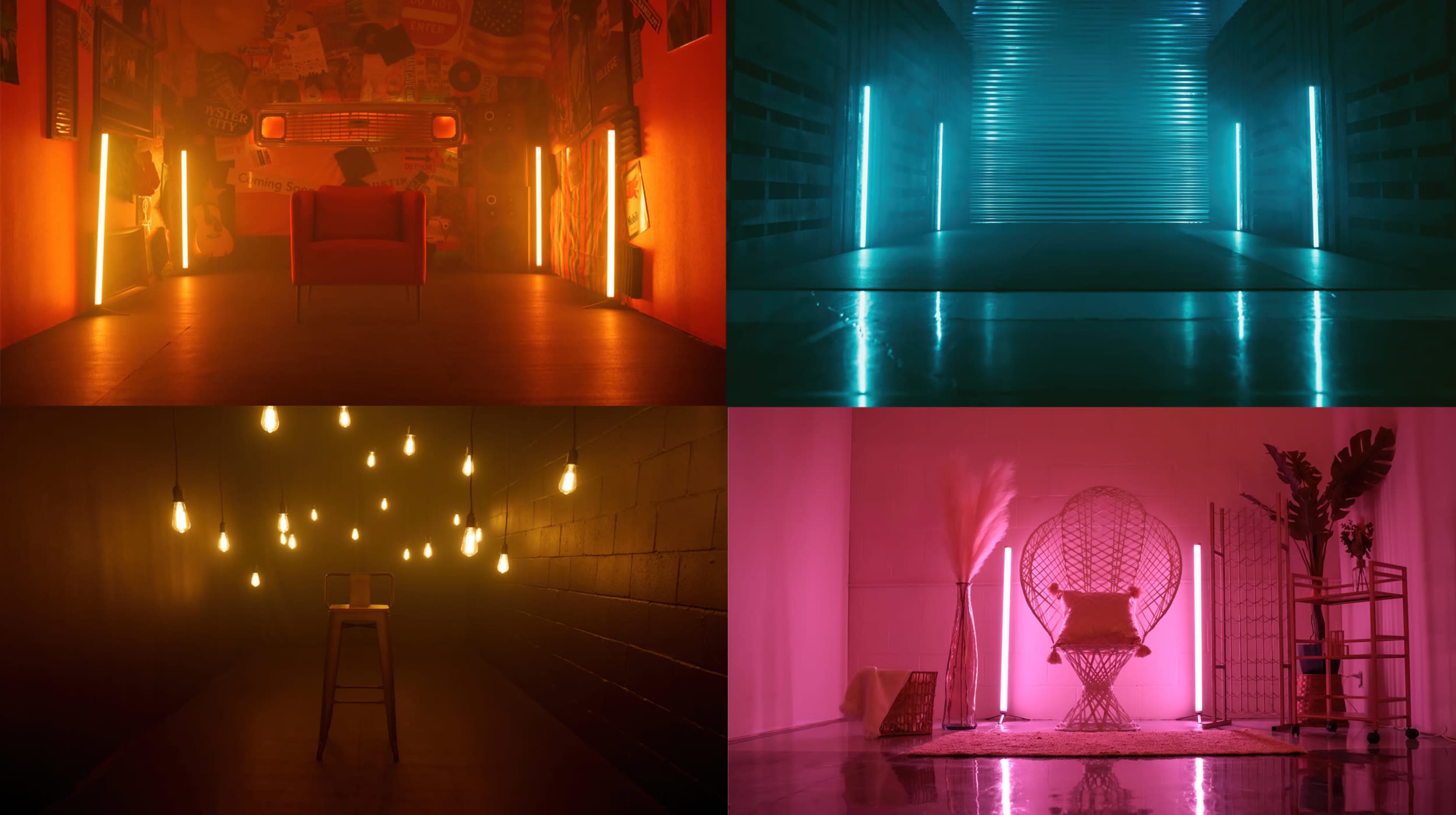 Four distinct scenes, each with unique lighting and design elements, including a brightly colored room with a chair and retro decor, a dimly lit corridor with glowing lights, a dark space with hanging bulbs, and a modern area showcasing a decorative chair and plants.