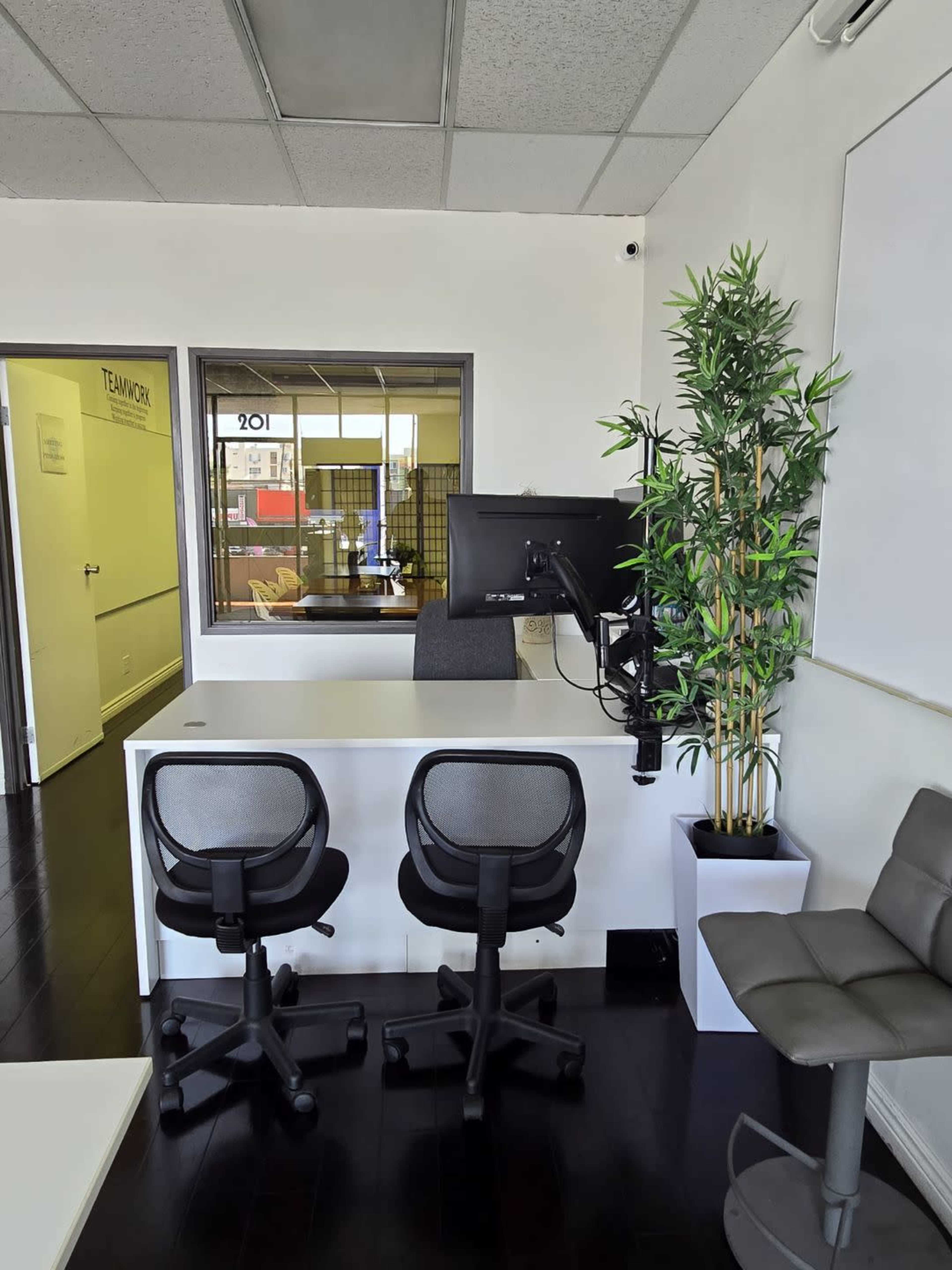 The image shows a modern office space with two ergonomic chairs, a computer monitor mounted on an adjustable arm, and a decorative plant in a white pot.