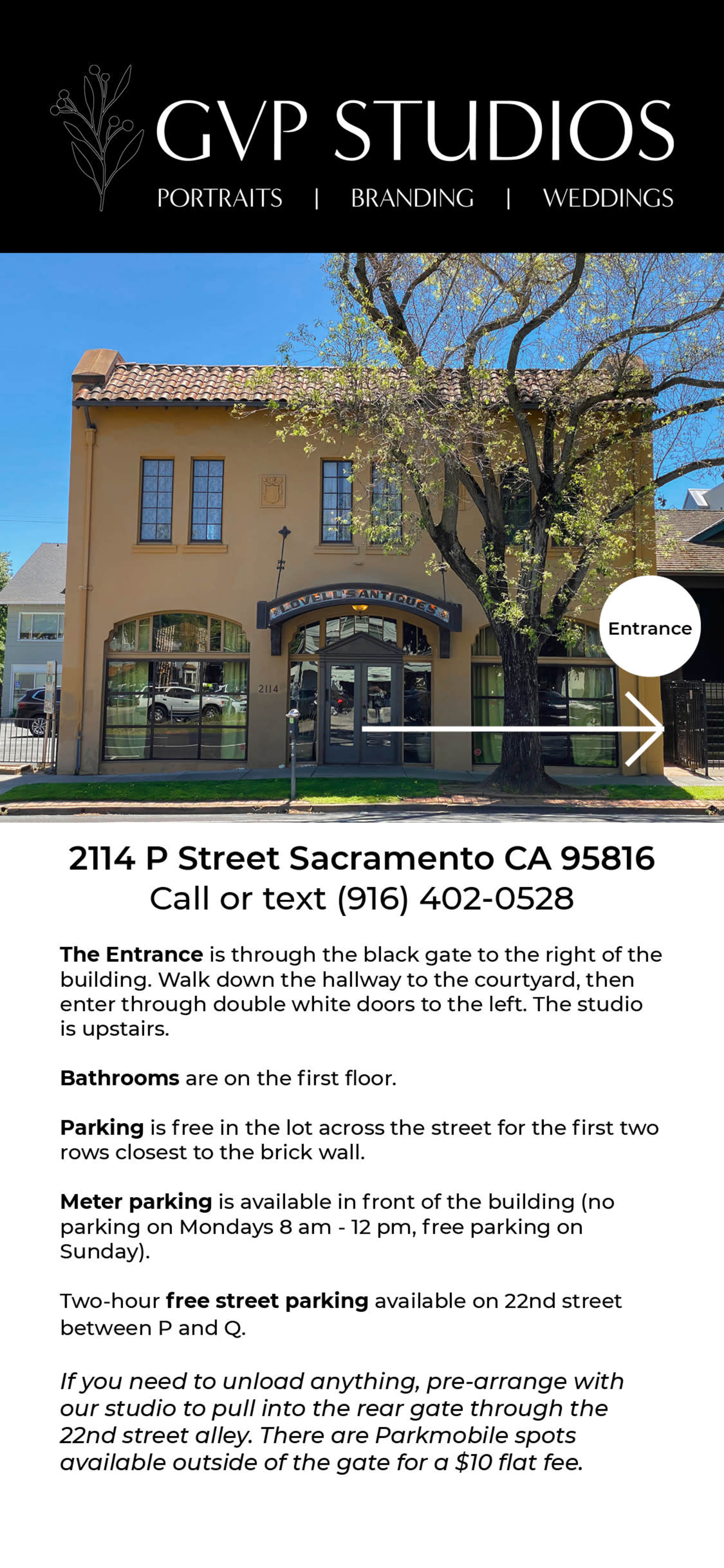 The image provides a detailed overview of GVP Studios, located at 2114 P Street, Sacramento, featuring information about the entrance, bathrooms, and parking options.