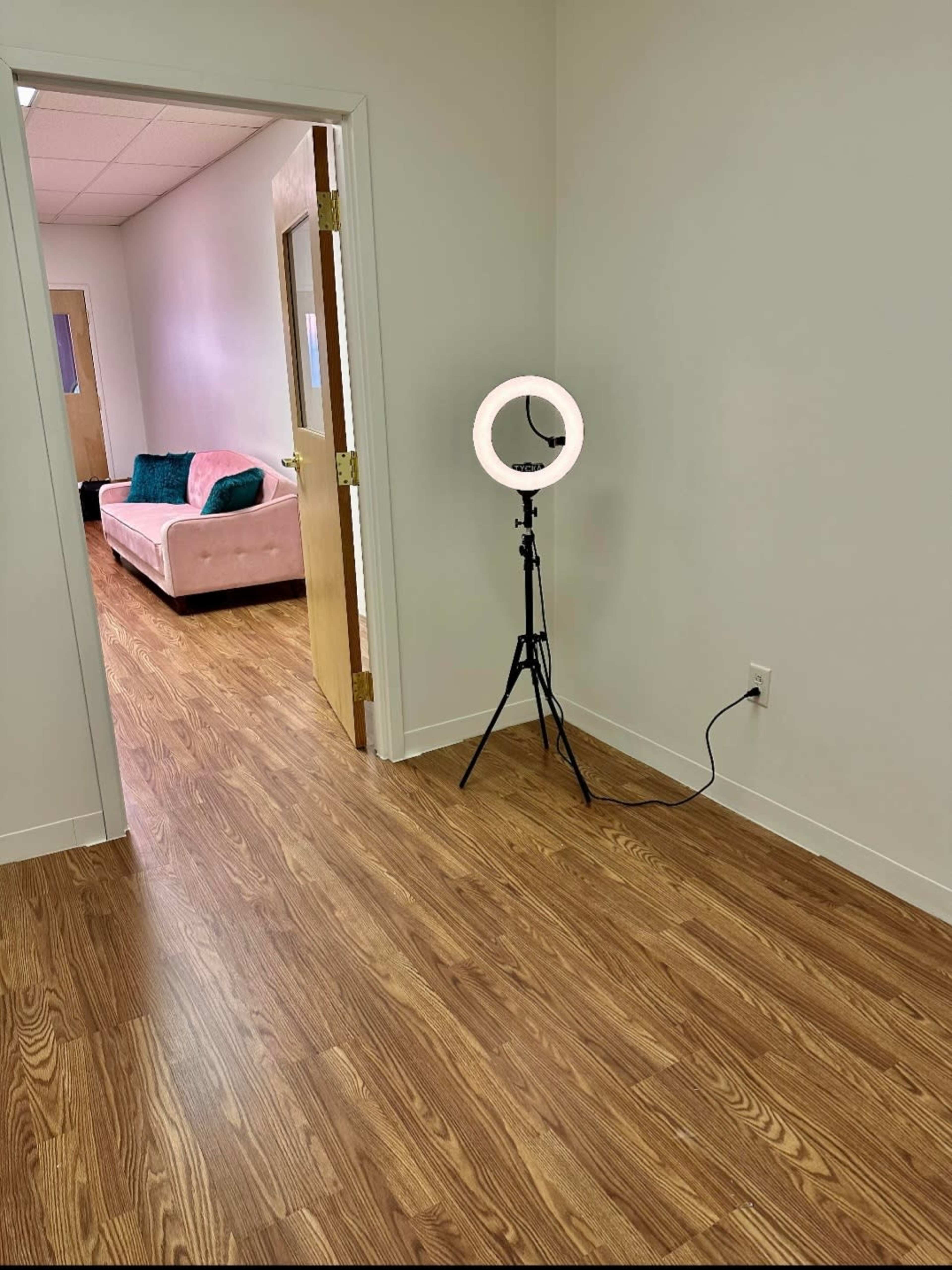 The image shows a well-lit room featuring a pink sofa in the background and a ring light on a tripod in the foreground.