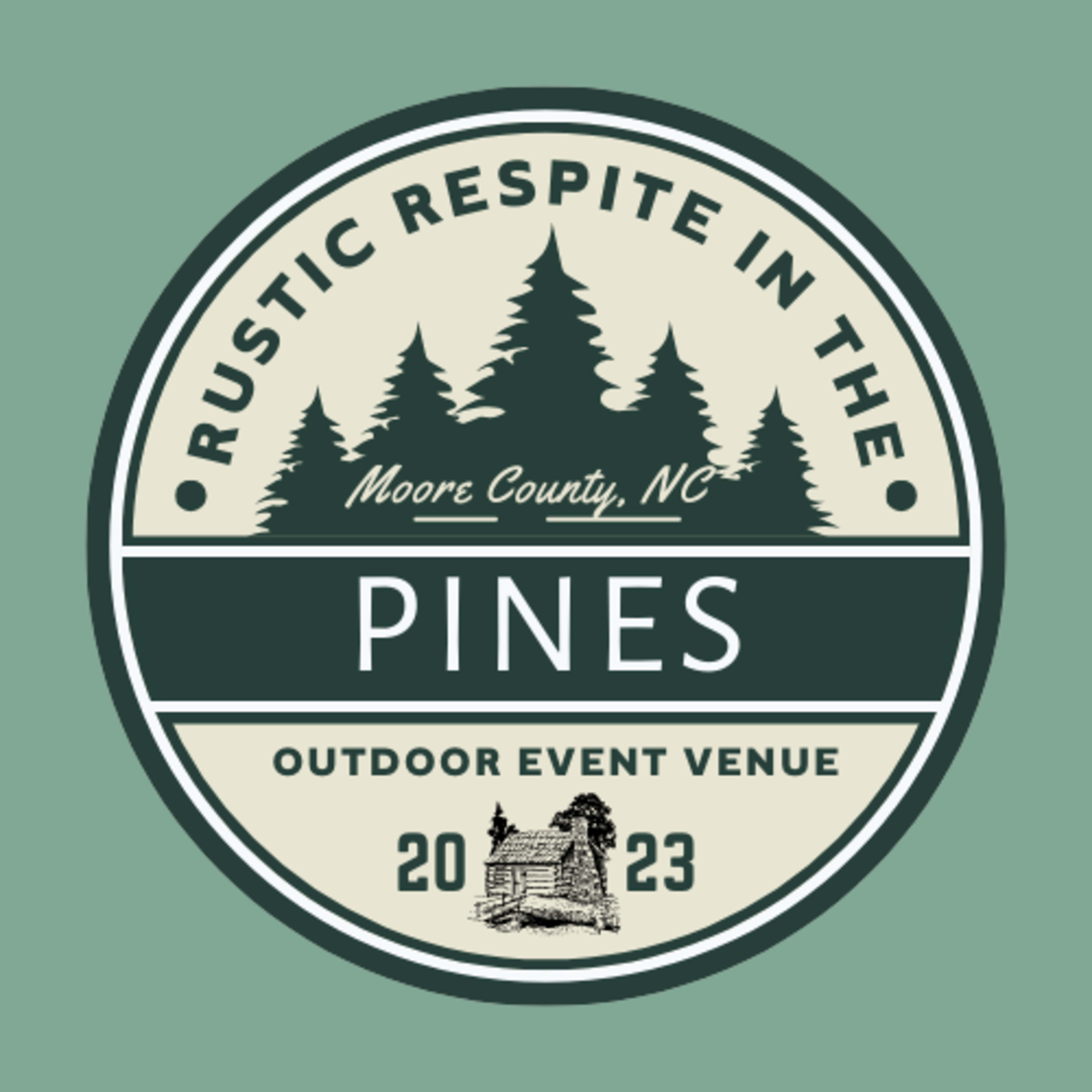 A circular logo for an outdoor event venue called "Rustic Respite in the Pines" located in Moore County, NC, with a design that includes trees and a cabin.