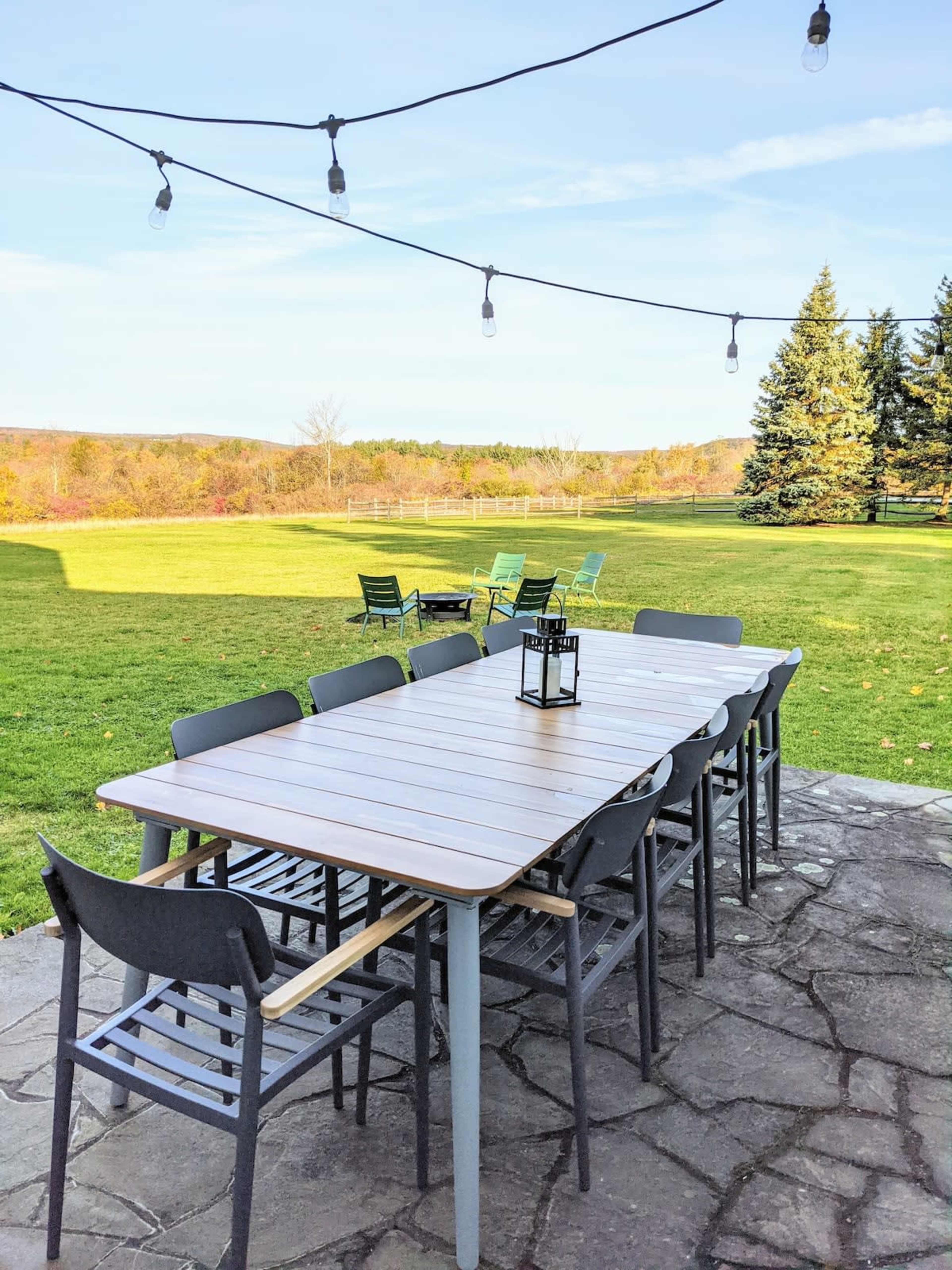 A long outdoor dining table with chairs sits on a stone patio, surrounded by a grassy area and trees under a clear sky.