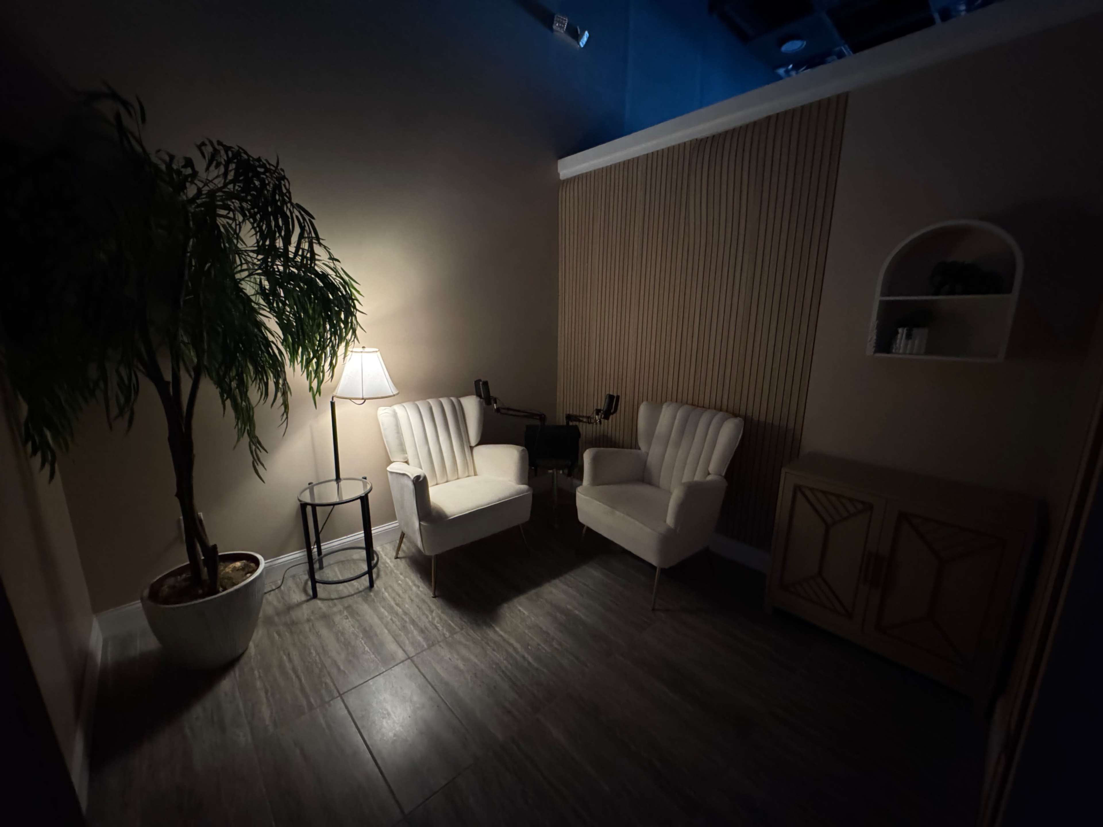 The image shows a dimly lit corner of a room featuring two white armchairs, a lamp, a potted plant, and a decorative cabinet against a textured wall.