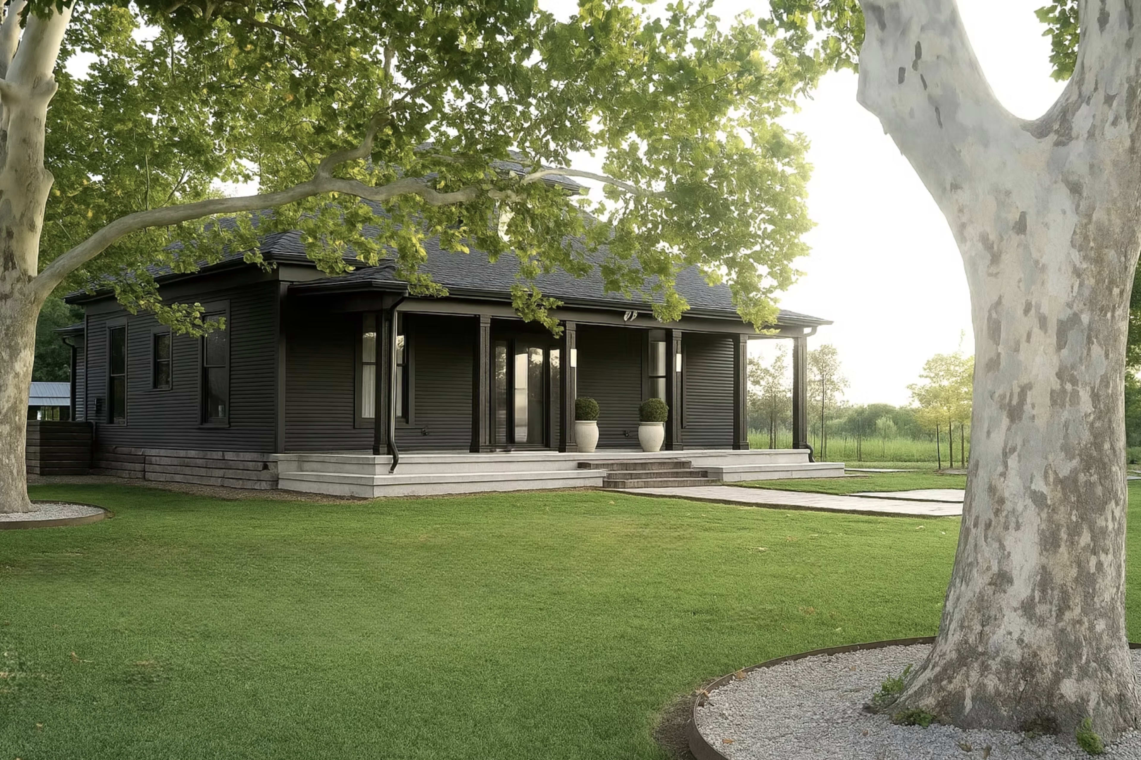 A modern black house with large glass windows is surrounded by lush green grass and tall trees.