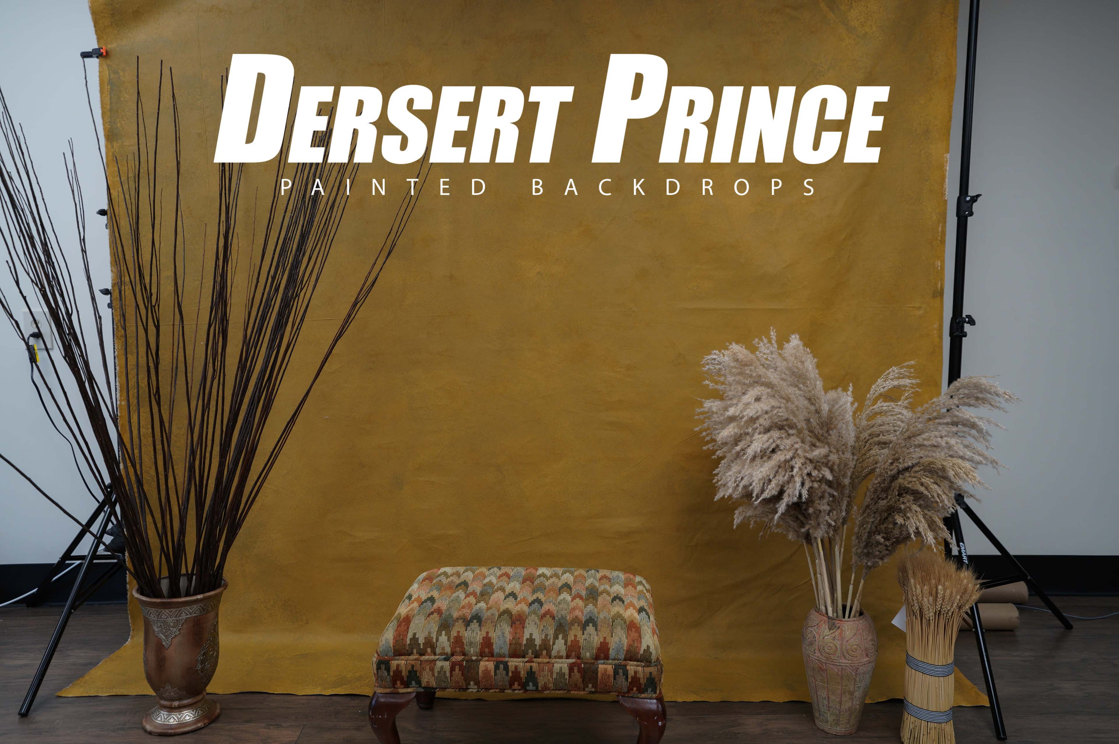 A studio setup featuring a textured yellow backdrop, a patterned ottoman, and decorative elements including tall dried plants and grasses in vases.