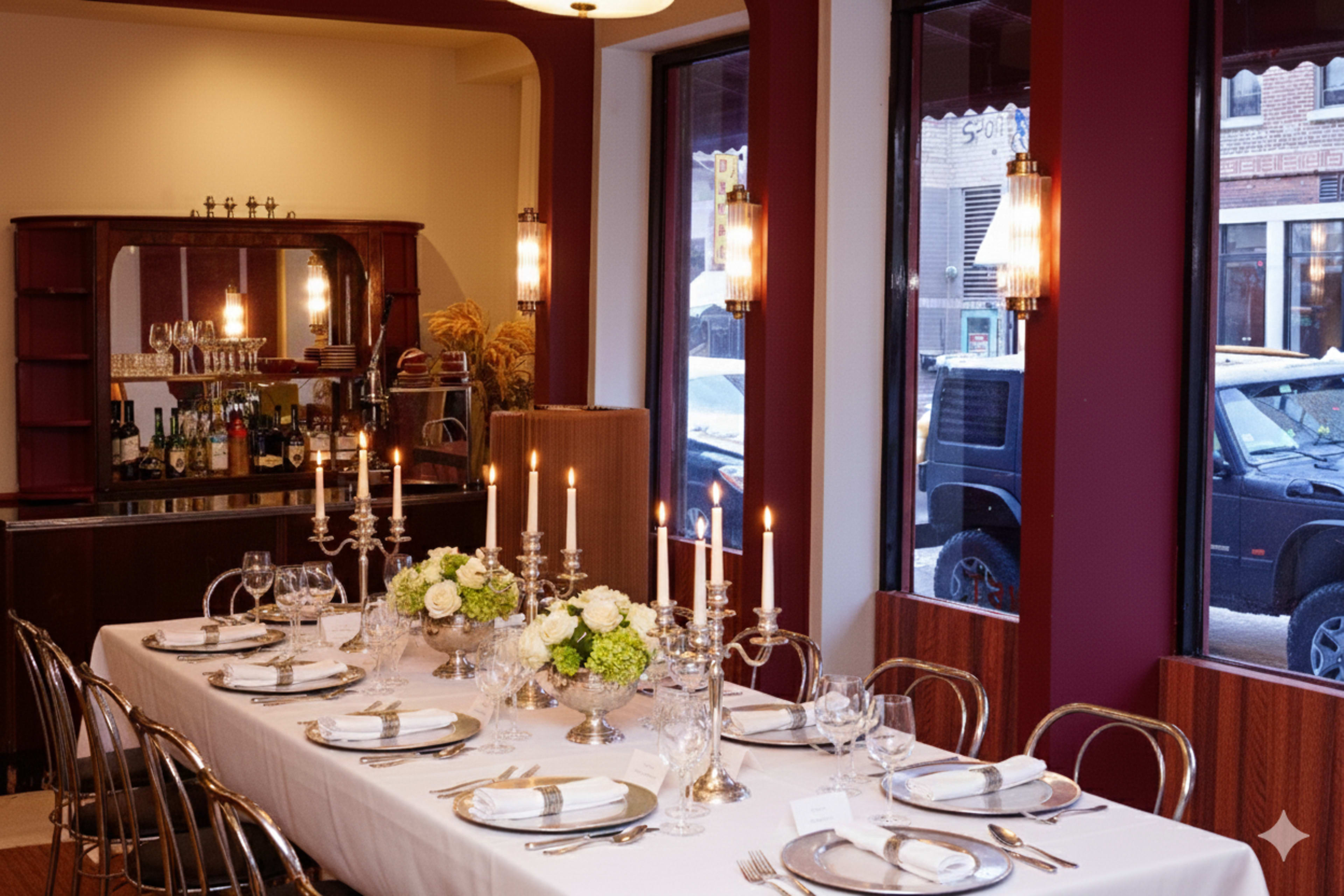 A long dining table is elegantly set with candles and floral arrangements in a well-lit restaurant space.