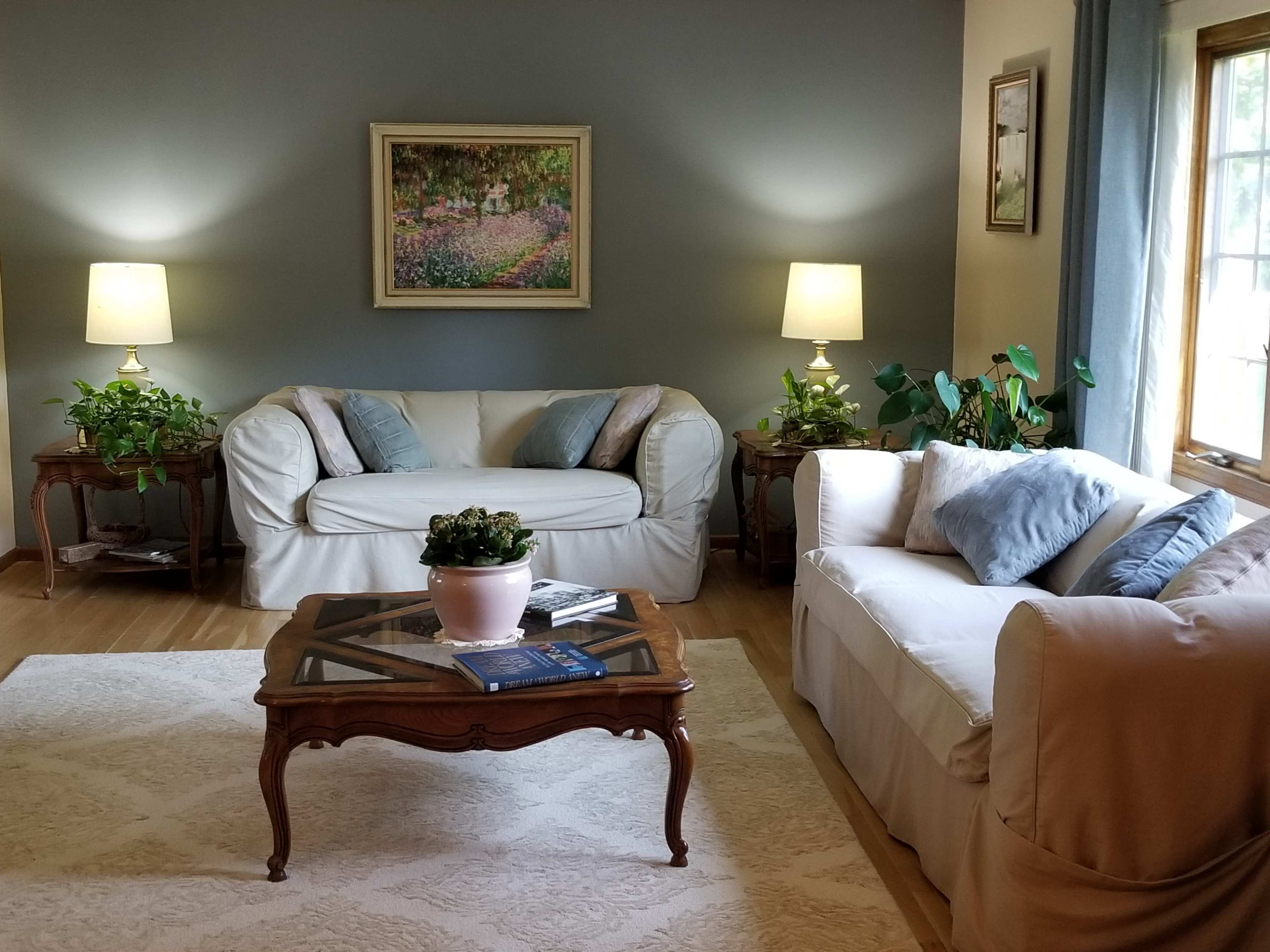 The living room features two sofas, a coffee table with a glass top, potted plants, and lamps, all set against a light blue wall and a large window.