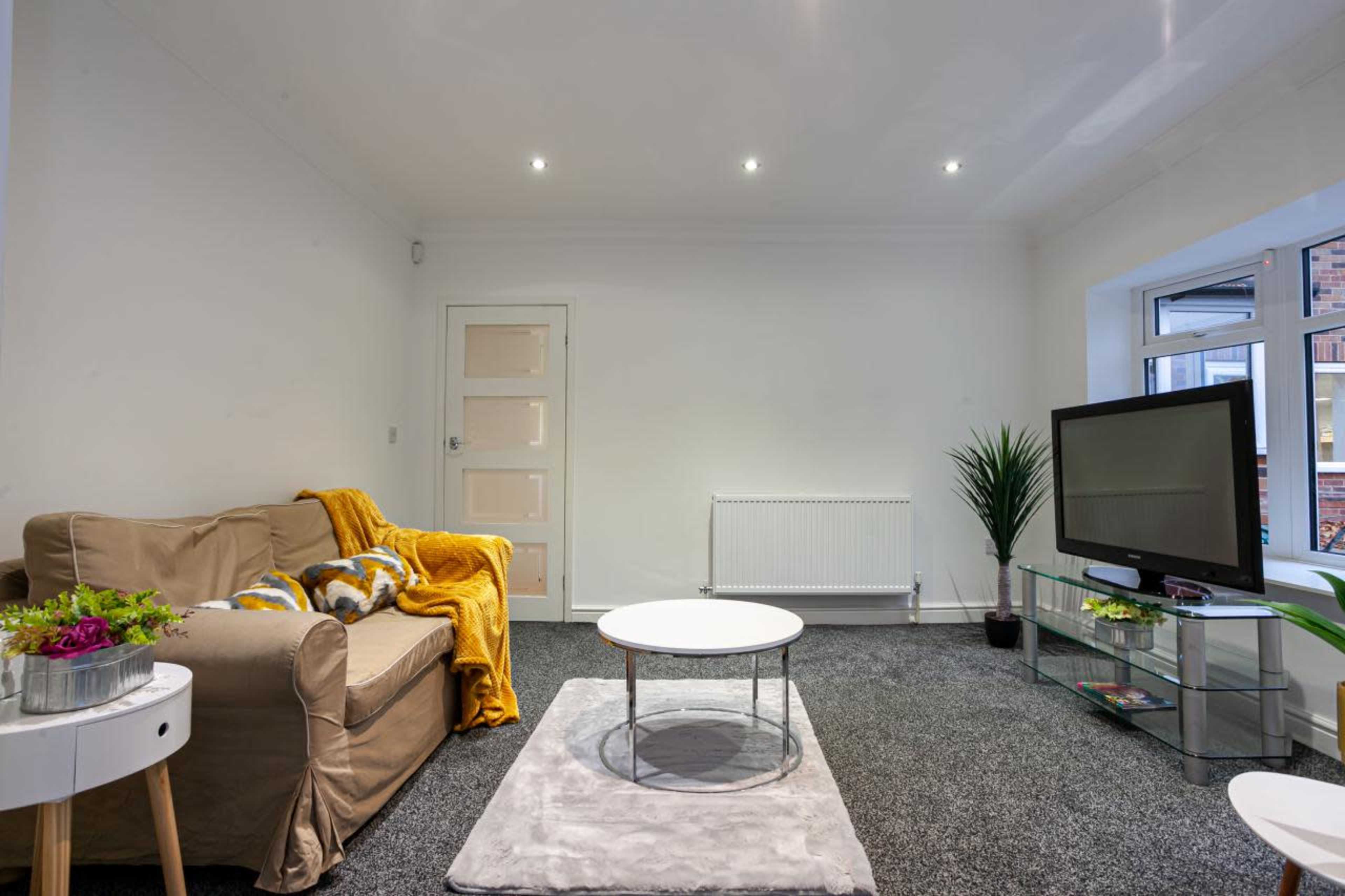 A cozy living room with a couch, a coffee table, a television on a stand, and a plant, all set against a light-colored wall.