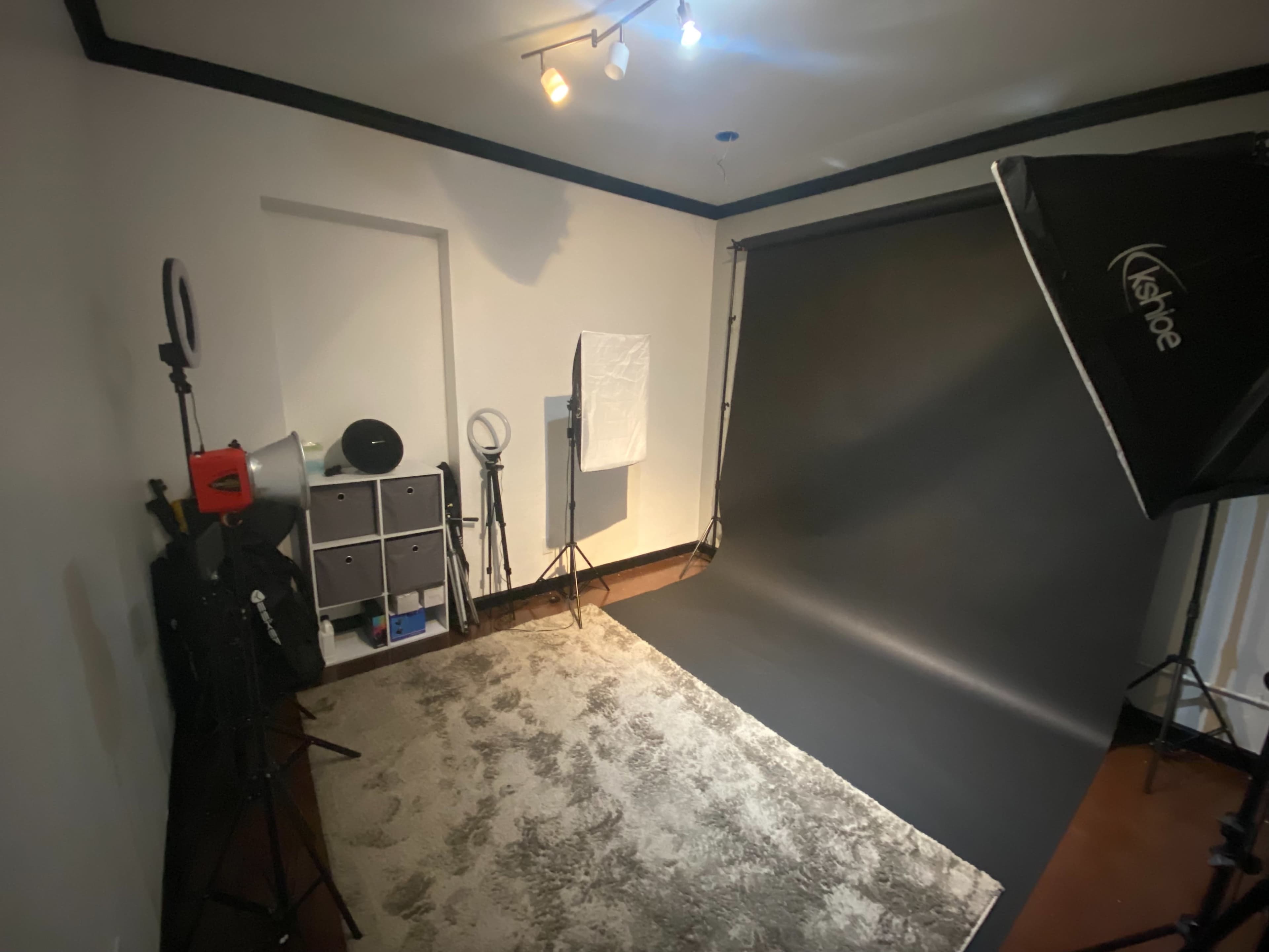 A photography studio corner with a black backdrop, lighting equipment, and a rug on the floor.