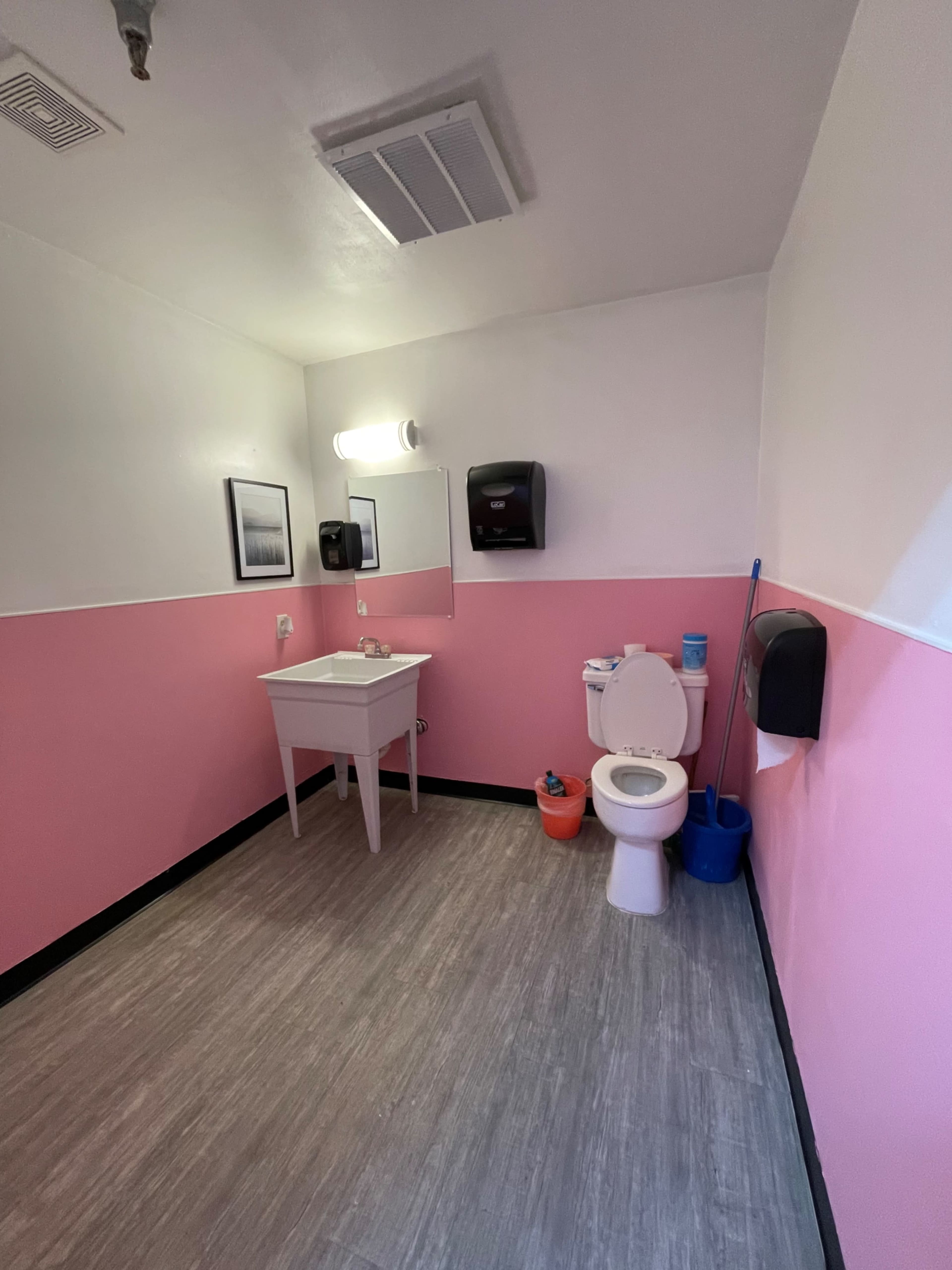 The image shows a small bathroom with pink and white walls, featuring a toilet, a sink with a mirror, and various soap dispensers.