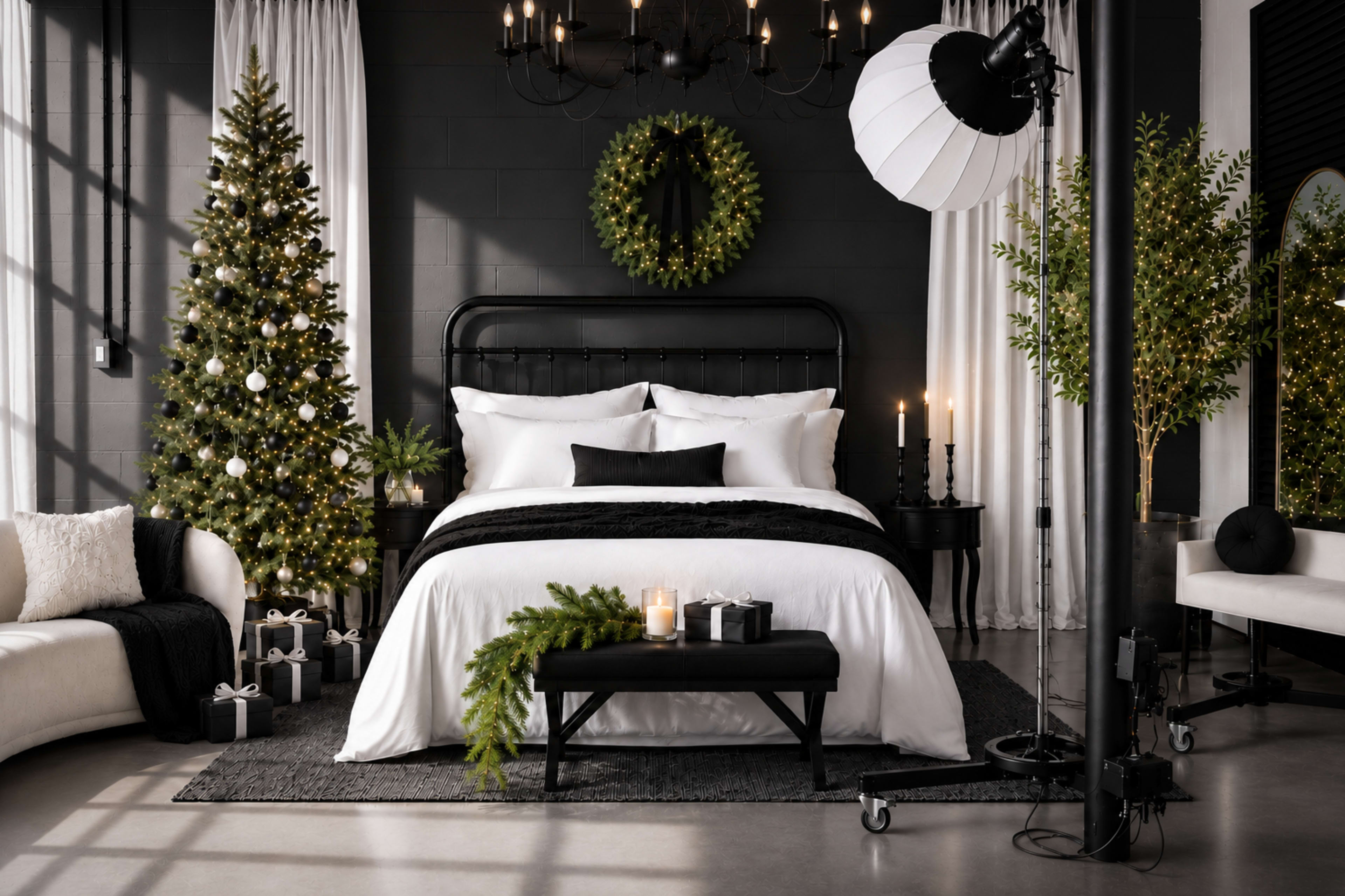A modern bedroom features a black bed frame with white bedding, decorated with a Christmas tree, candles, and greenery.