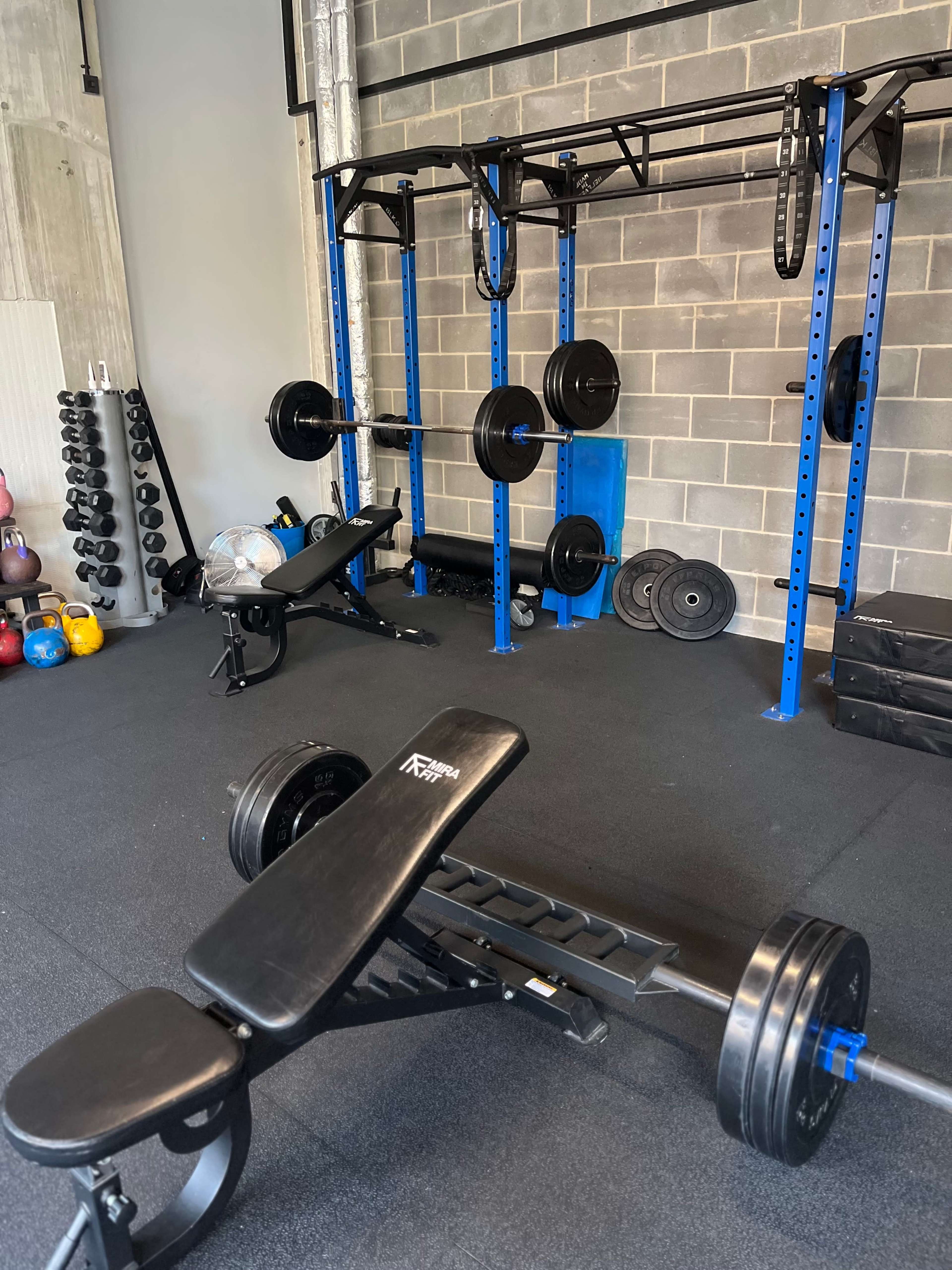 The image shows a gym interior featuring a weight bench, free weights, and a squat rack against a gray wall.