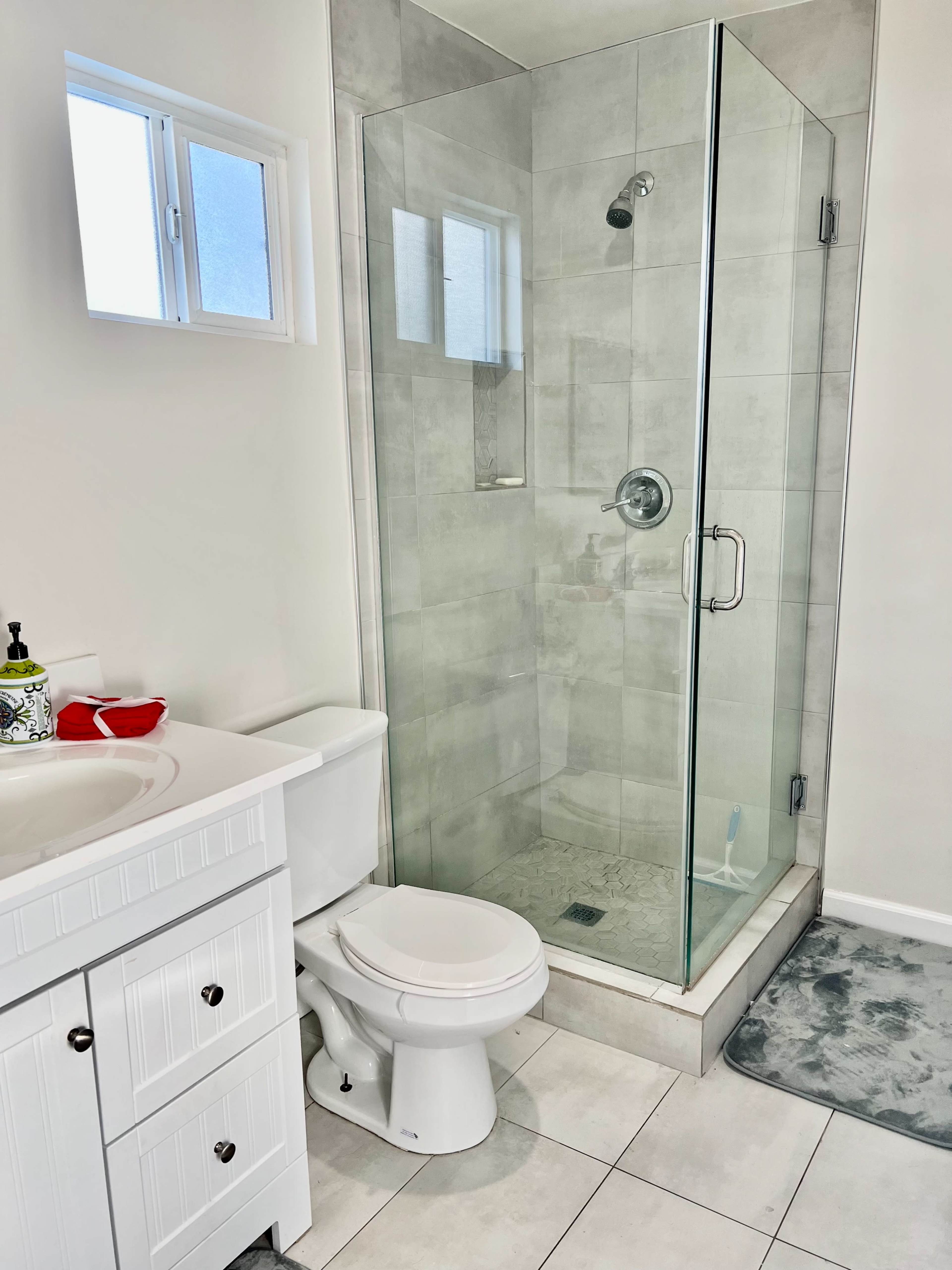 A modern bathroom featuring a glass shower enclosure, a toilet, and a sink with a cabinet beneath.