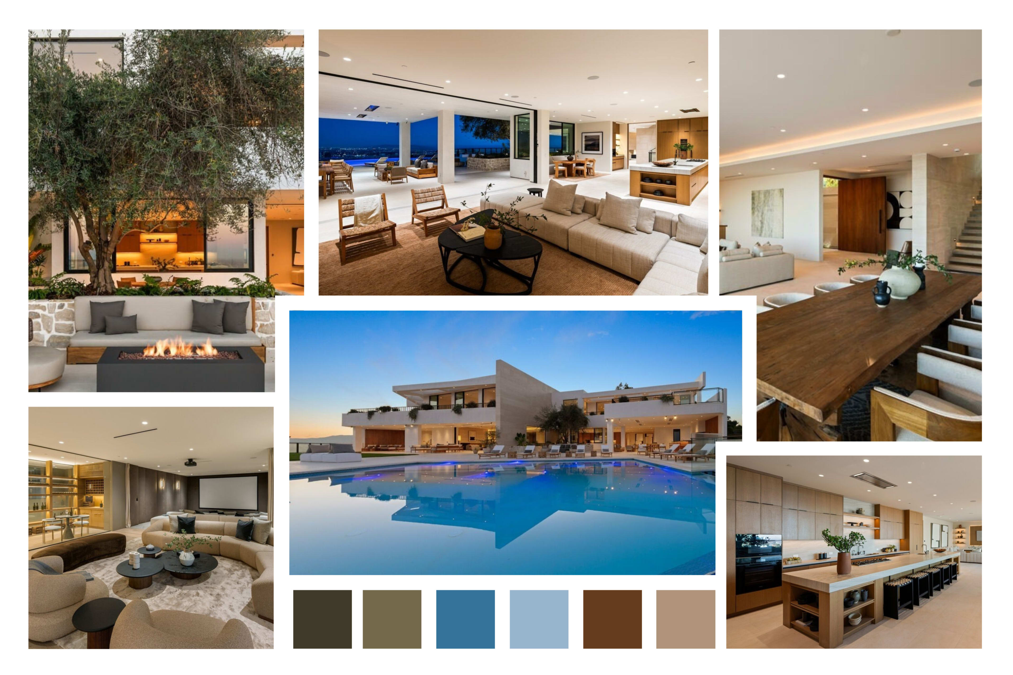 The image showcases a contemporary luxury home with a blend of indoor and outdoor spaces, featuring a spacious living area, seating around a fire pit, a modern kitchen, and a swimming pool reflecting the evening sky.