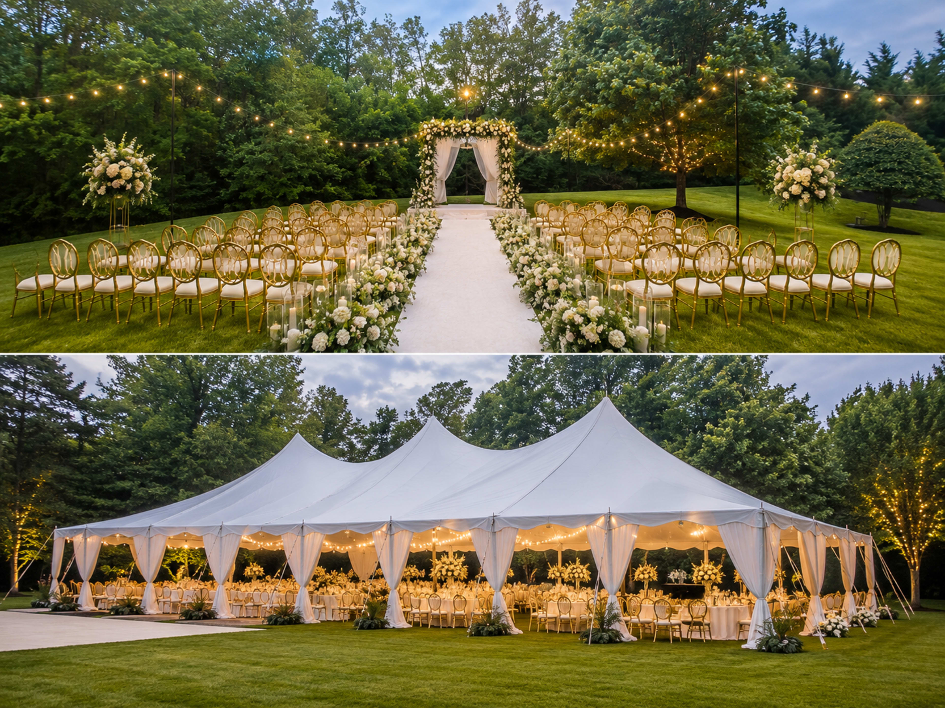 The image shows a beautifully arranged outdoor wedding ceremony space with golden chairs and a floral arch, alongside a large tented reception area filled with tables and elegant decorations.