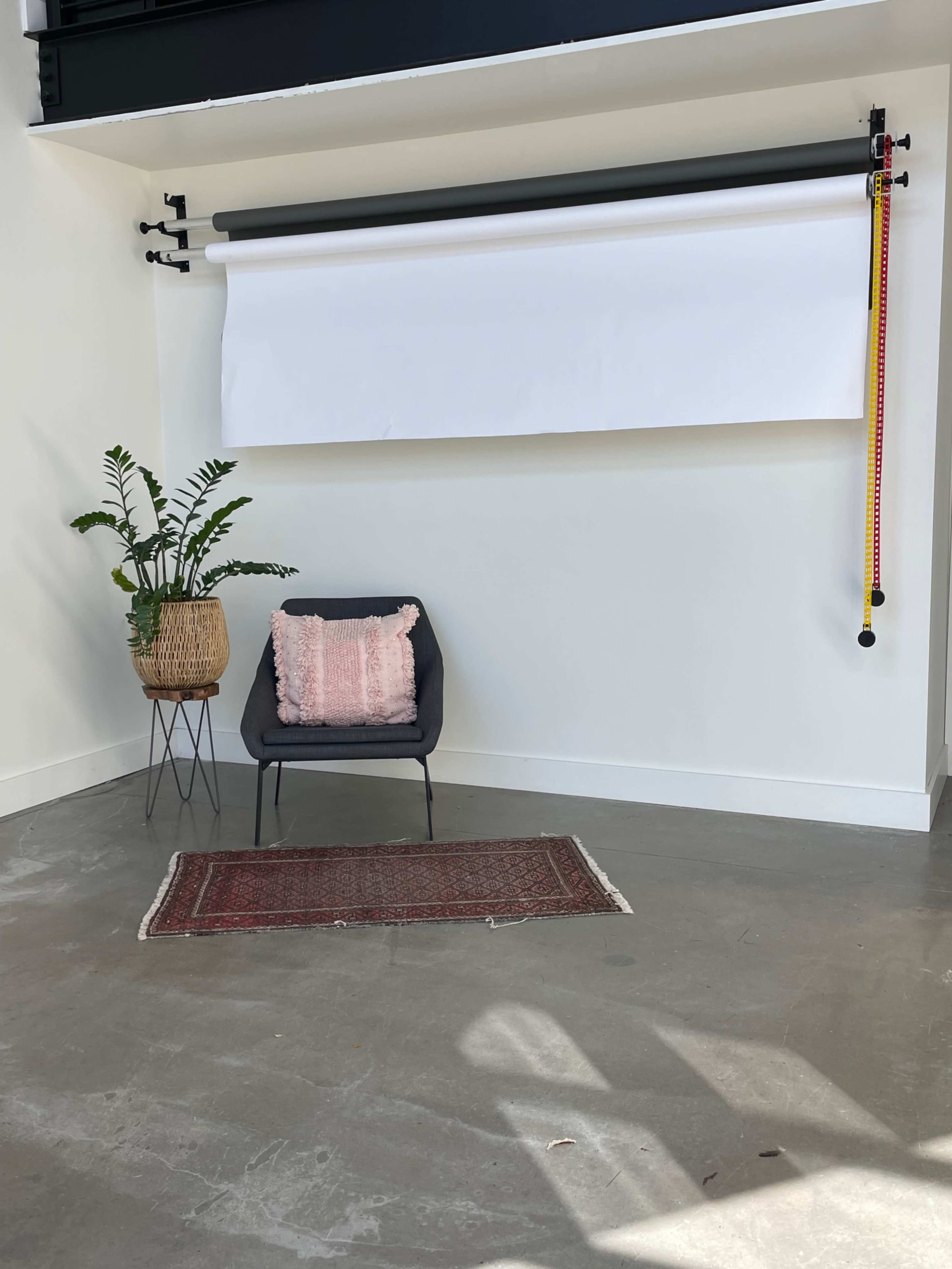 The image shows a minimalist room with a black chair, a small rug, a potted plant, and a roll of white paper mounted on the wall.
