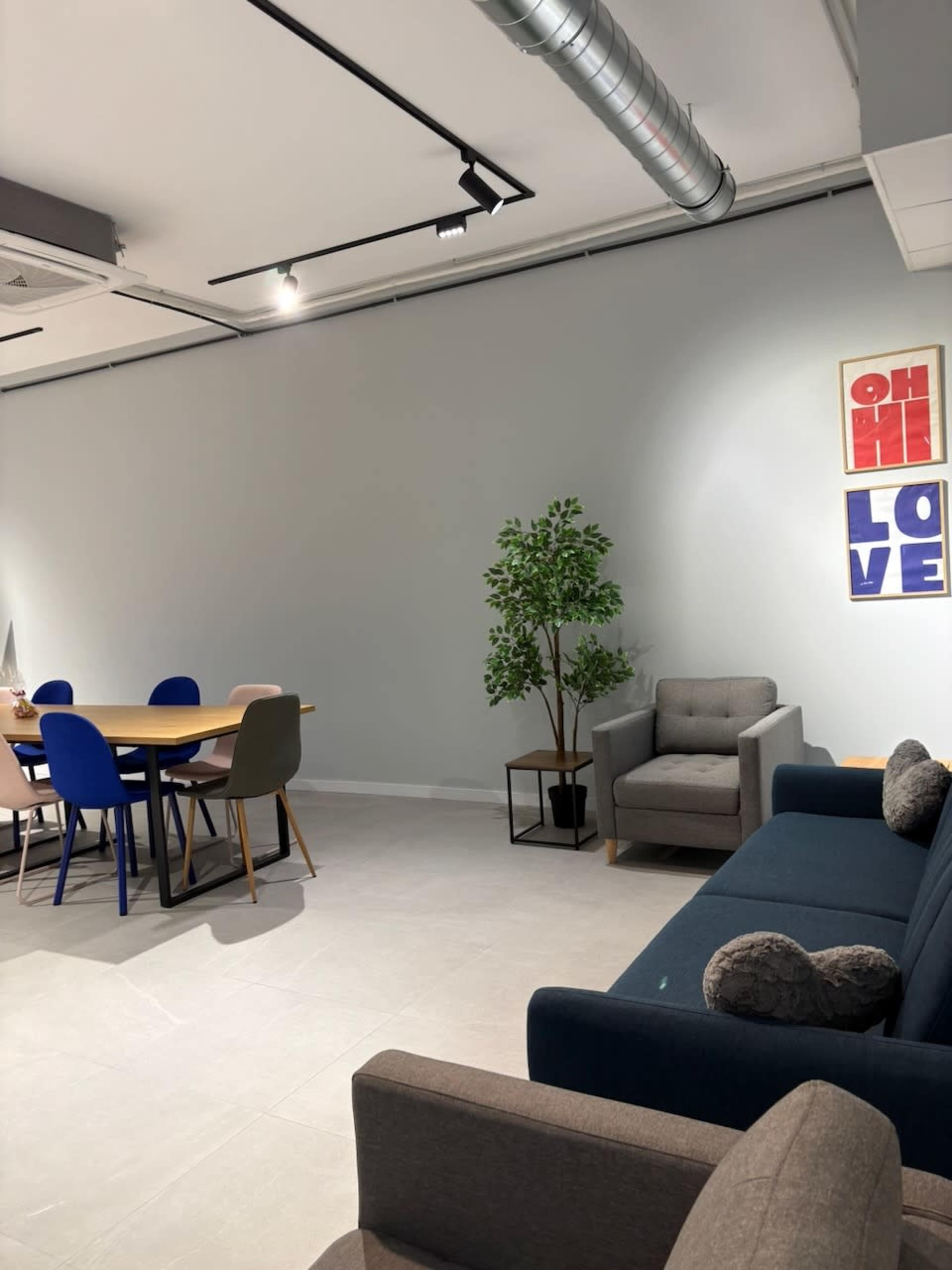 The image shows a modern, spacious room featuring a dining table with chairs, a potted plant, and two sofas against the wall.