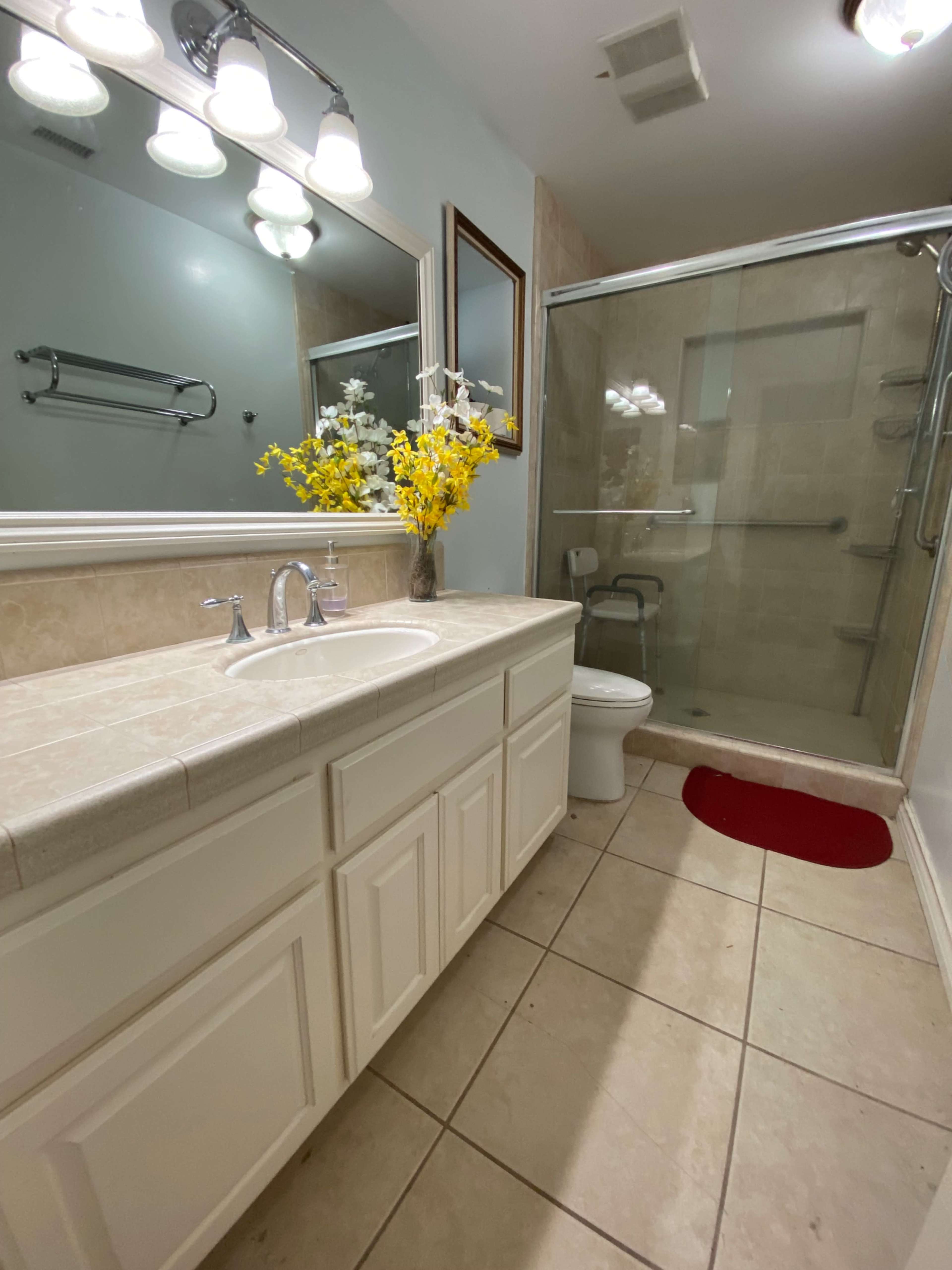 A bright bathroom featuring a sink with cabinetry, a shower with glass doors, a toilet, and a vase of yellow flowers on the countertop.