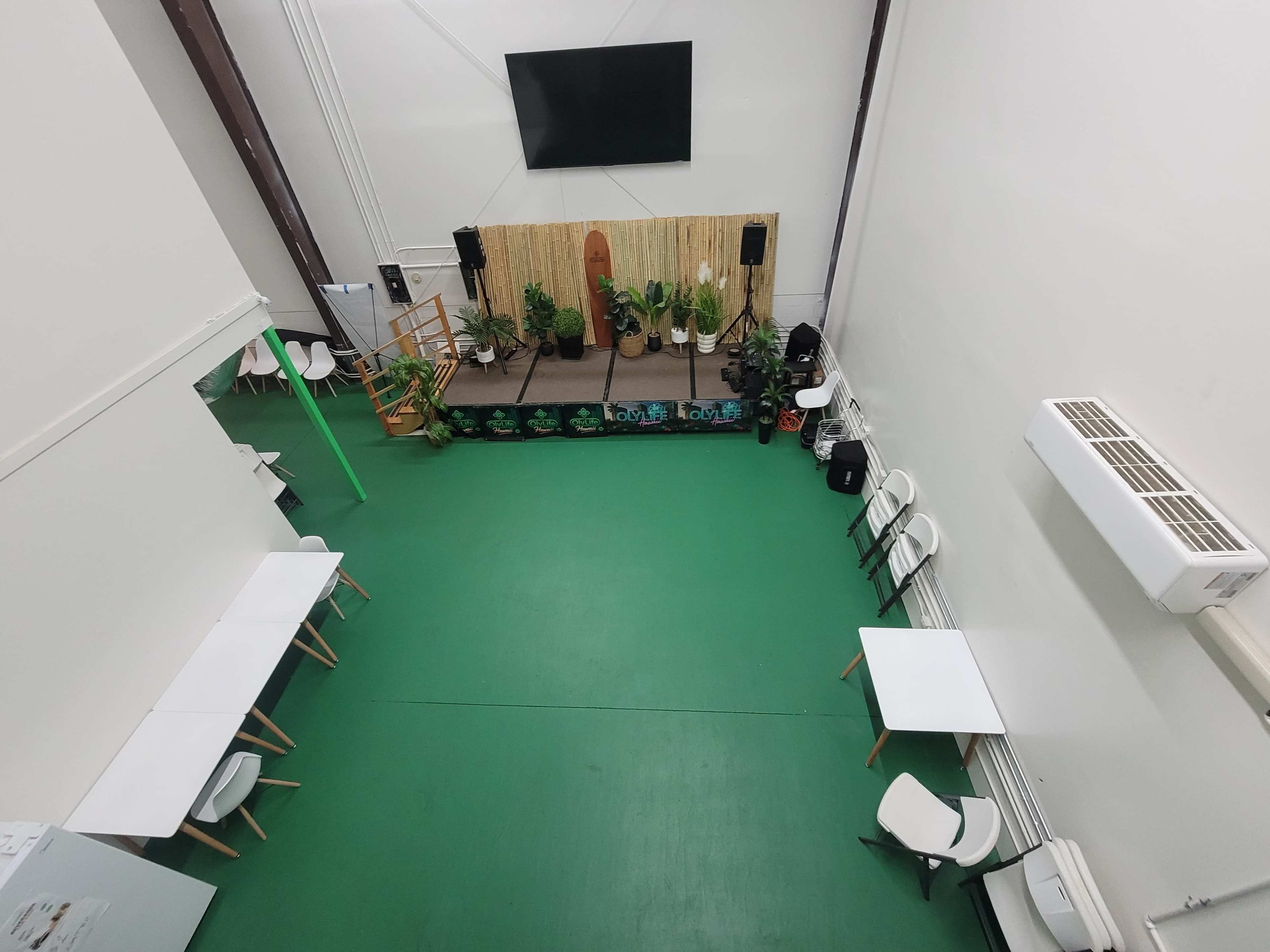The image shows a spacious, empty room with green flooring, white walls, a small stage with plants, and seating arranged in front of it.