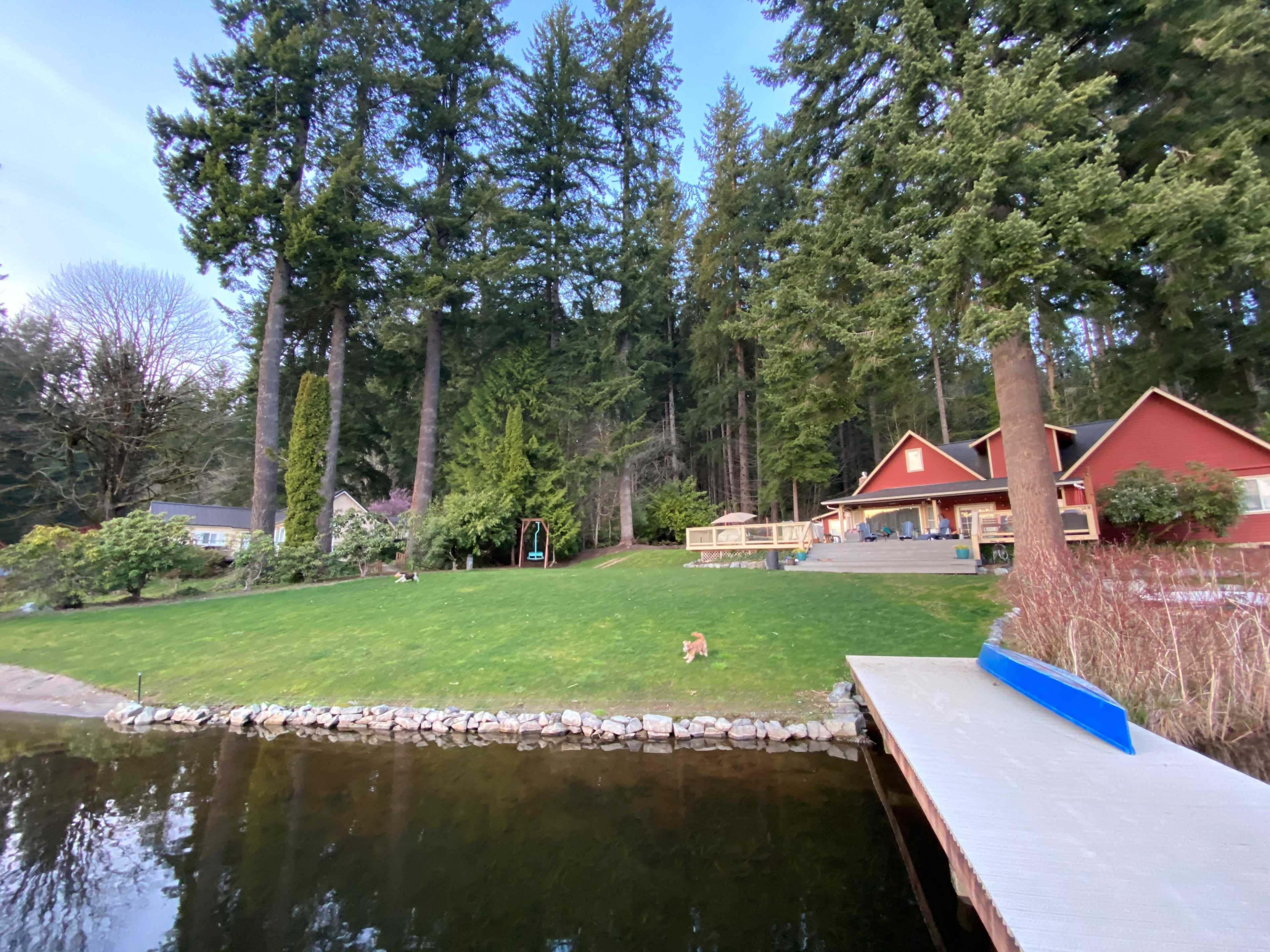 A grassy area slopes down to a calm lake, bordered by a forest of tall trees and featuring a red house with a deck and a dock.