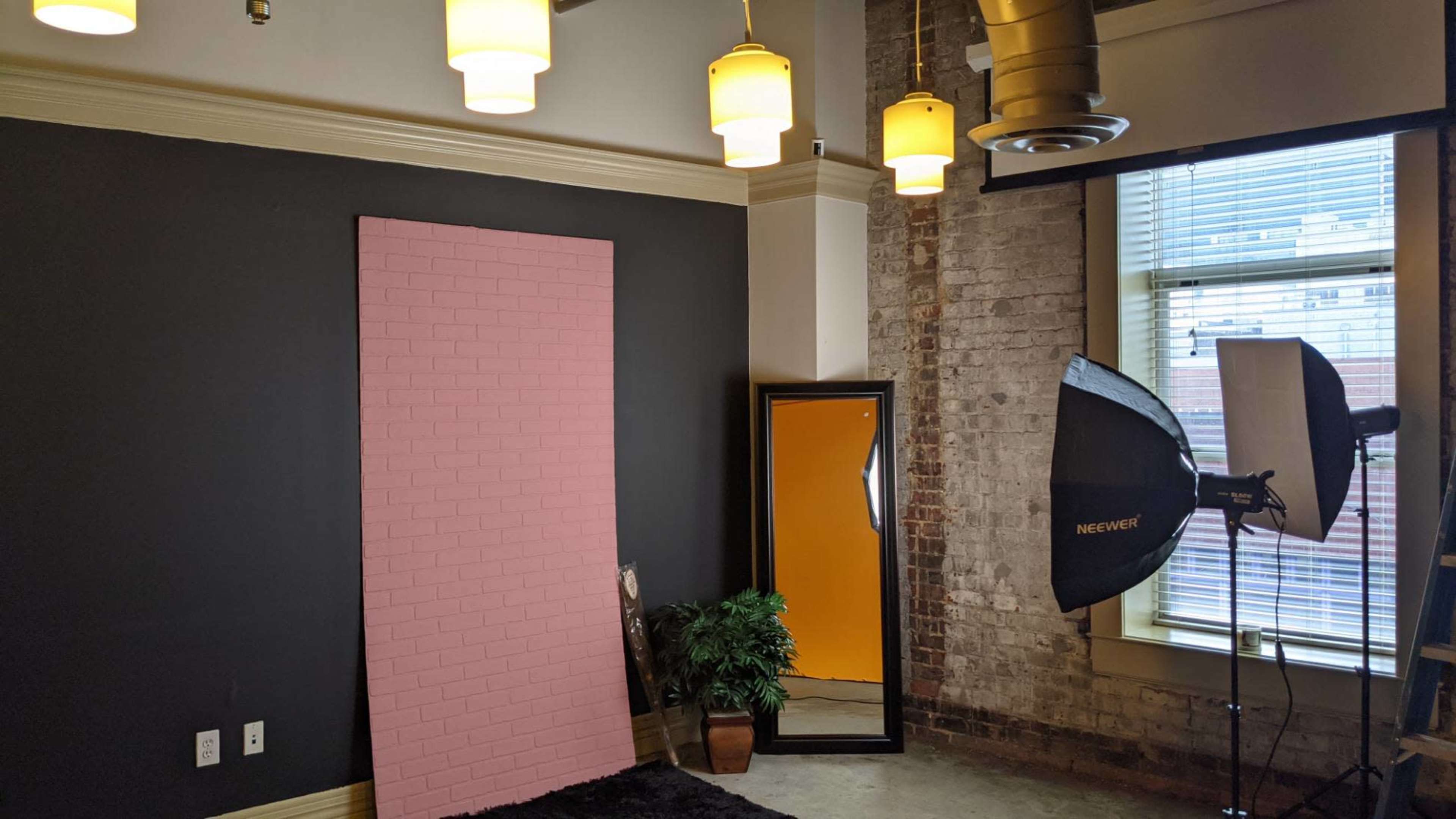A photoshoot setup with a pink brick wall background, a mirror, lighting equipment, and a plant in a room featuring a mix of brick and painted walls.