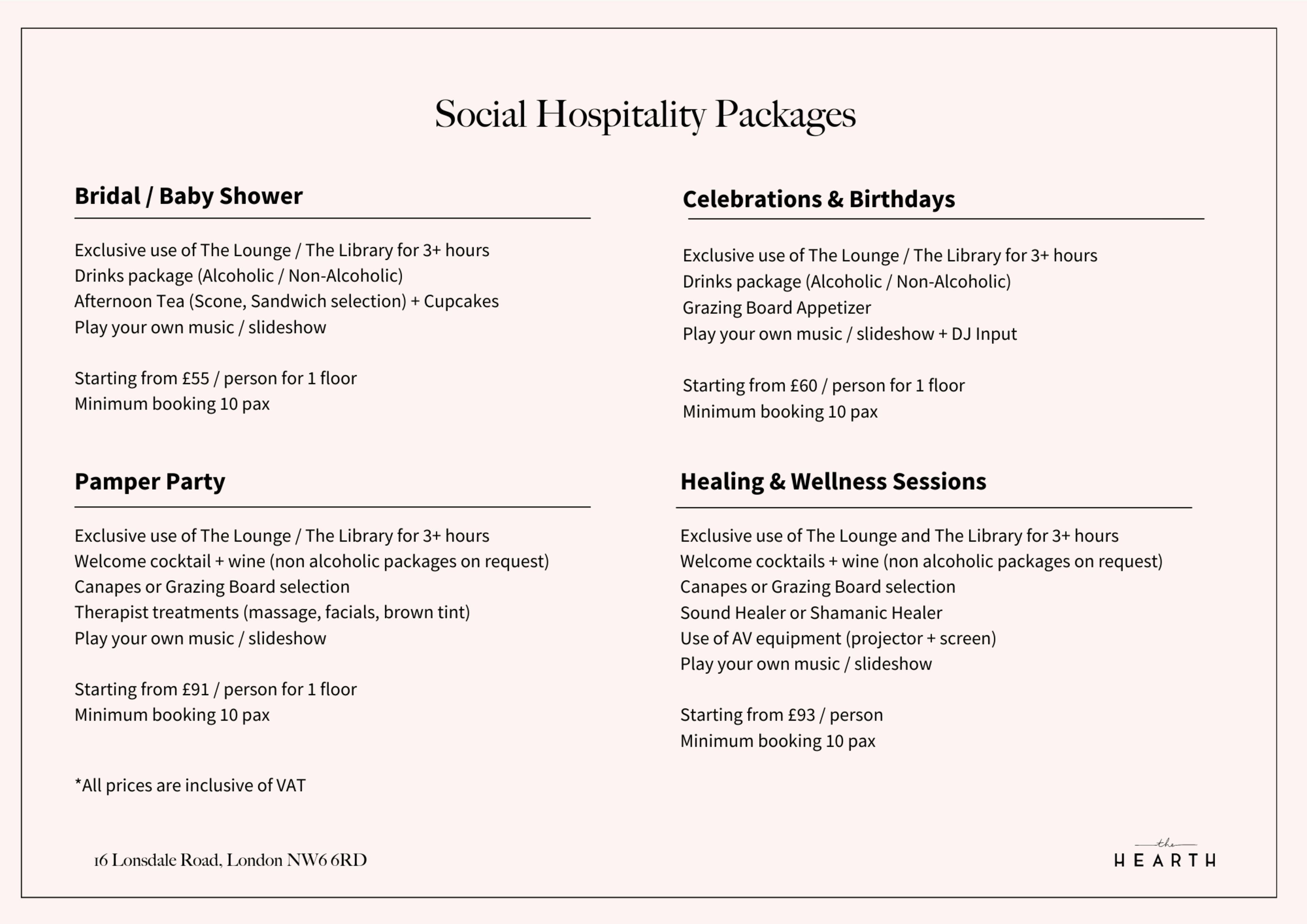 A menu of social hospitality packages offered by Hearth, including options for bridal/baby showers, celebrations, pamper parties, and healing & wellness sessions, with details on pricing, duration, and minimum booking requirements.