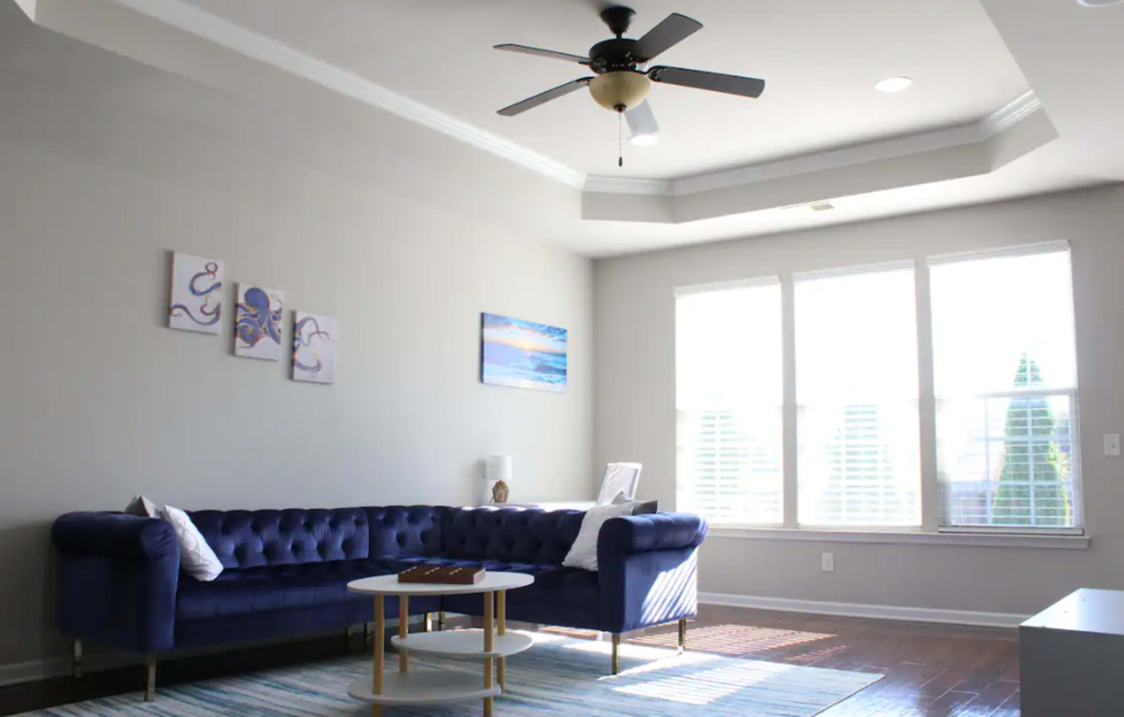 A blue tufted sofa is positioned in a well-lit living room with large windows and a ceiling fan, accompanied by a coffee table and wall art.