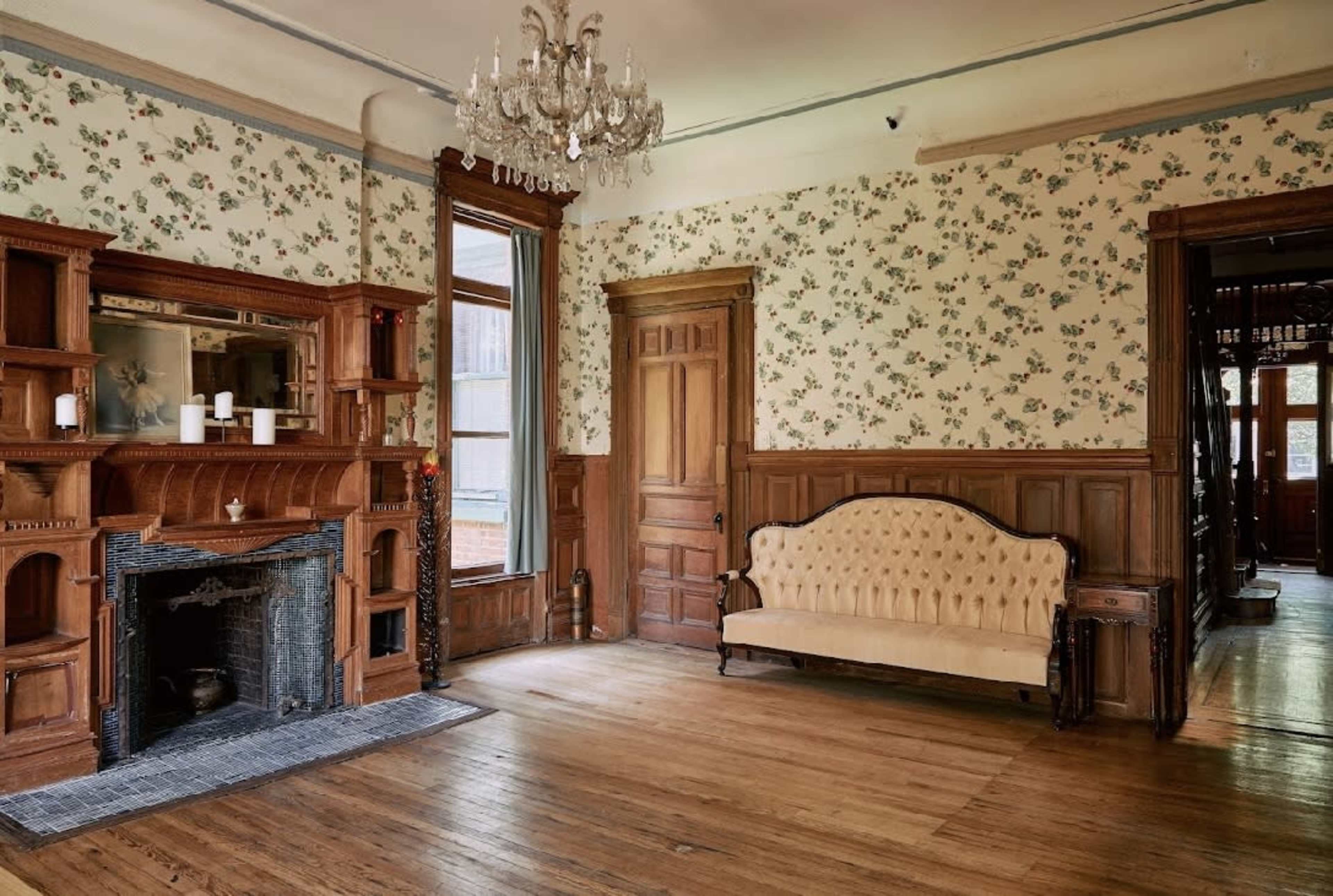 Classic Wallpapered Parlor Room with Fireplace and Wood Details Image in Bedford-Stuyvesant, Brooklyn, NY