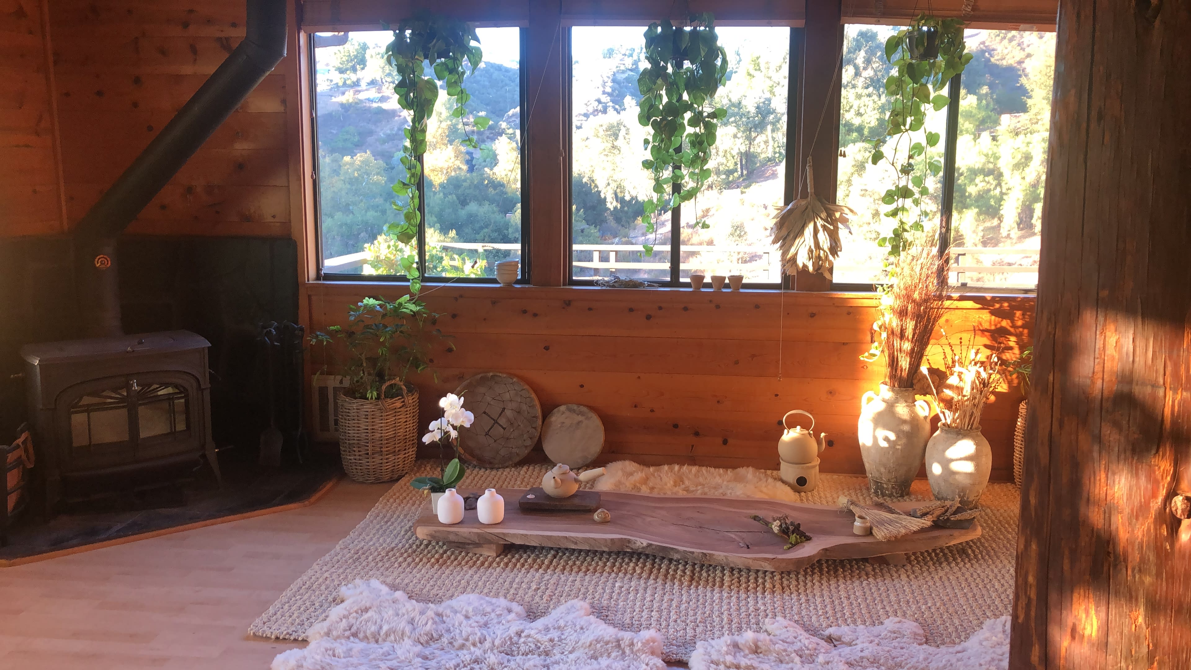 A cozy room featuring a wood stove, large windows with greenery outside, and natural decor elements like plants, stones, and candles arranged on a textured rug.