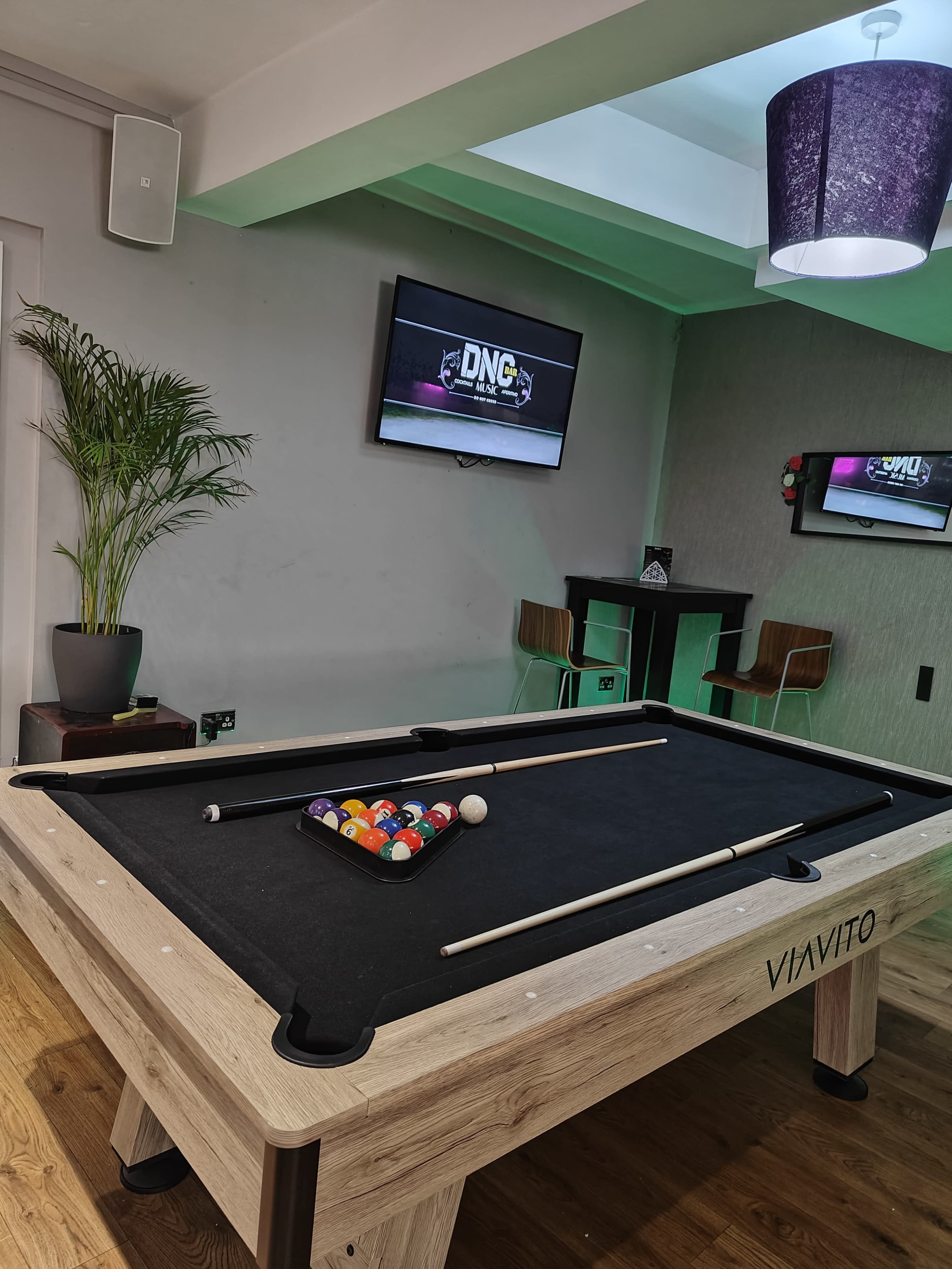 The image shows a billiards table with a set of colored balls arranged in a triangle, positioned in a room featuring a wall-mounted television and a planter with a palm plant.