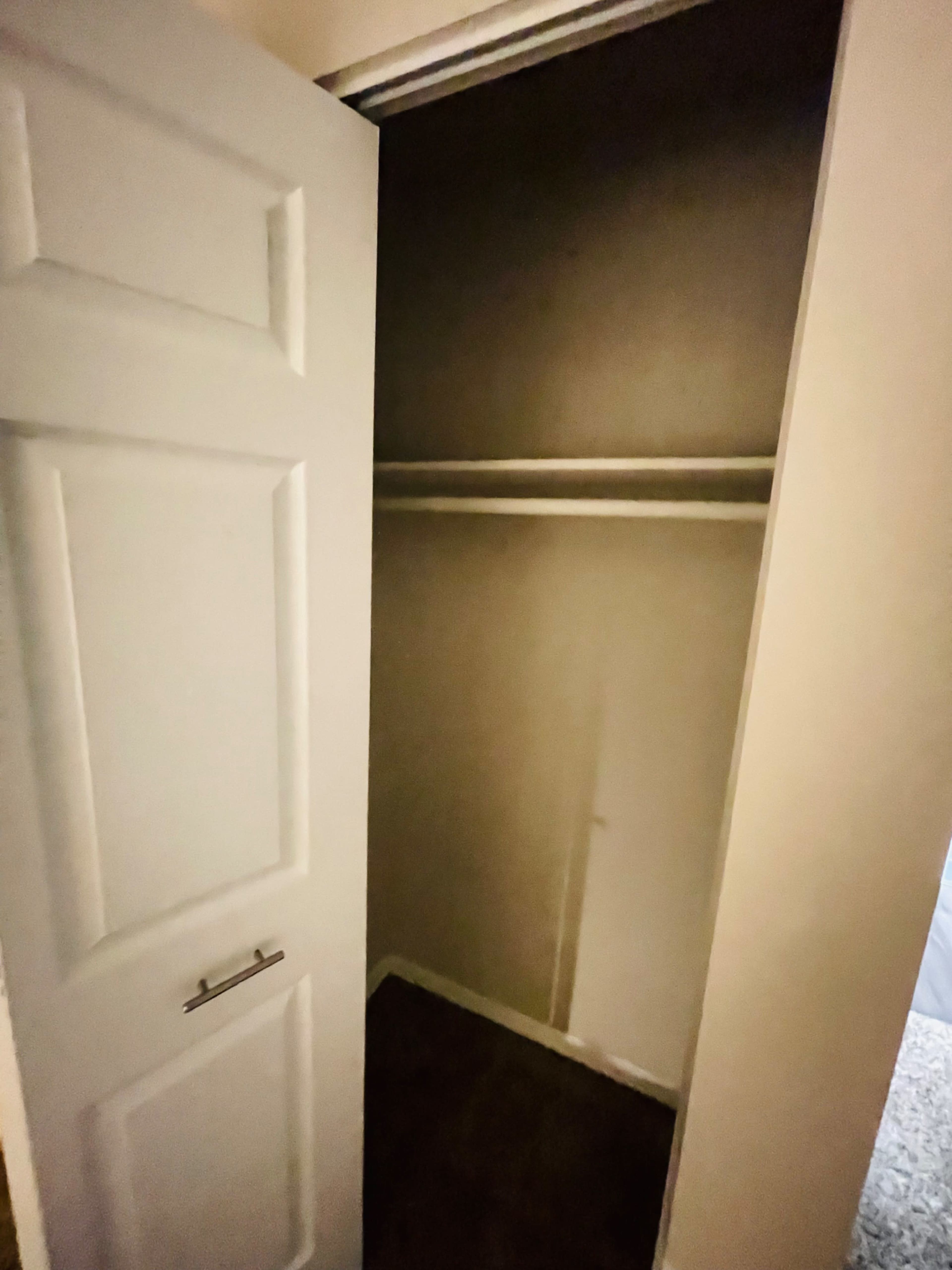 A partially open closet door reveals a bare interior with a couple of shelves and no items inside.