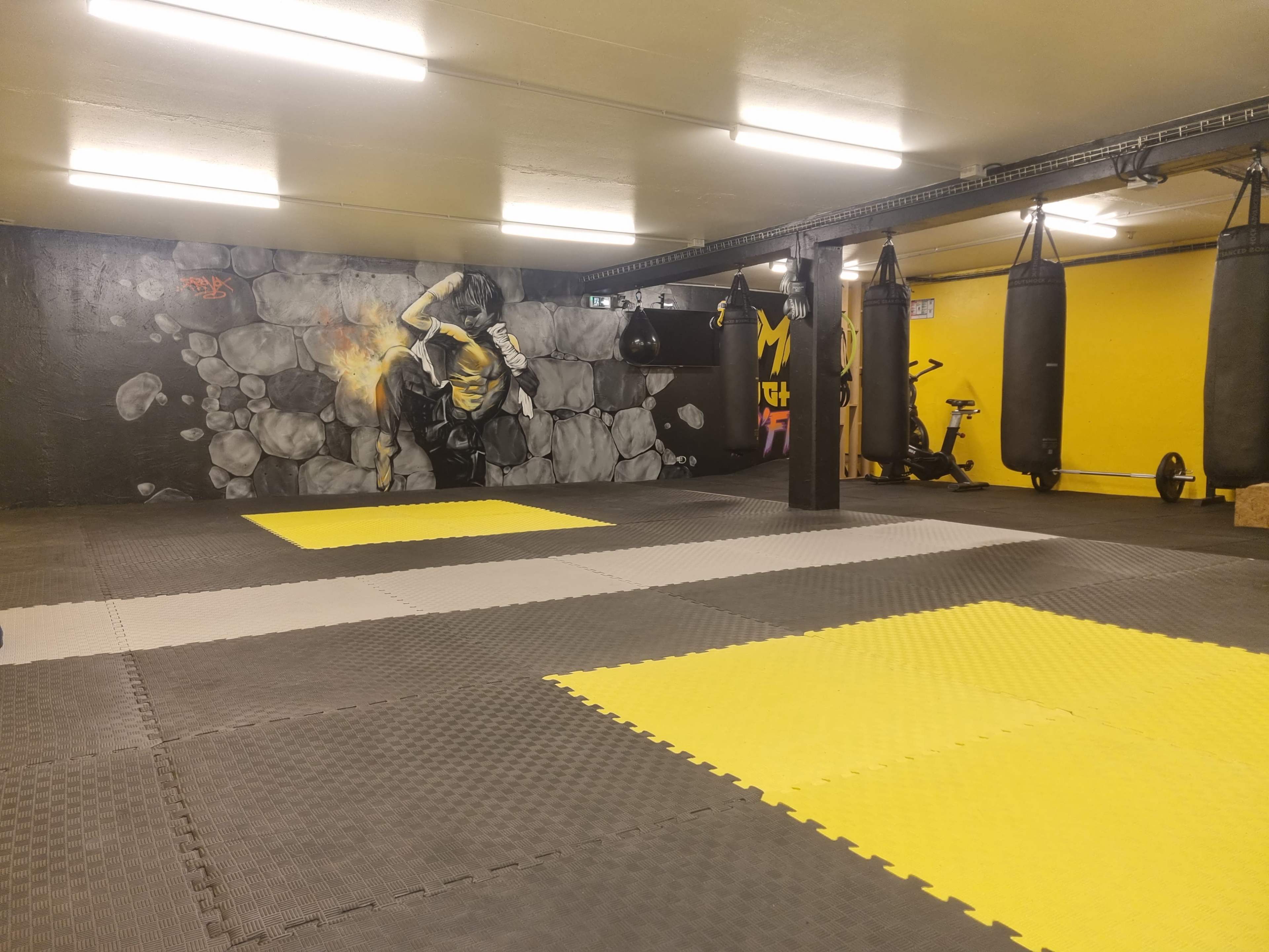 A training gym featuring yellow and gray mat flooring, punching bags hanging from the ceiling, and a mural on the wall depicting a climber.