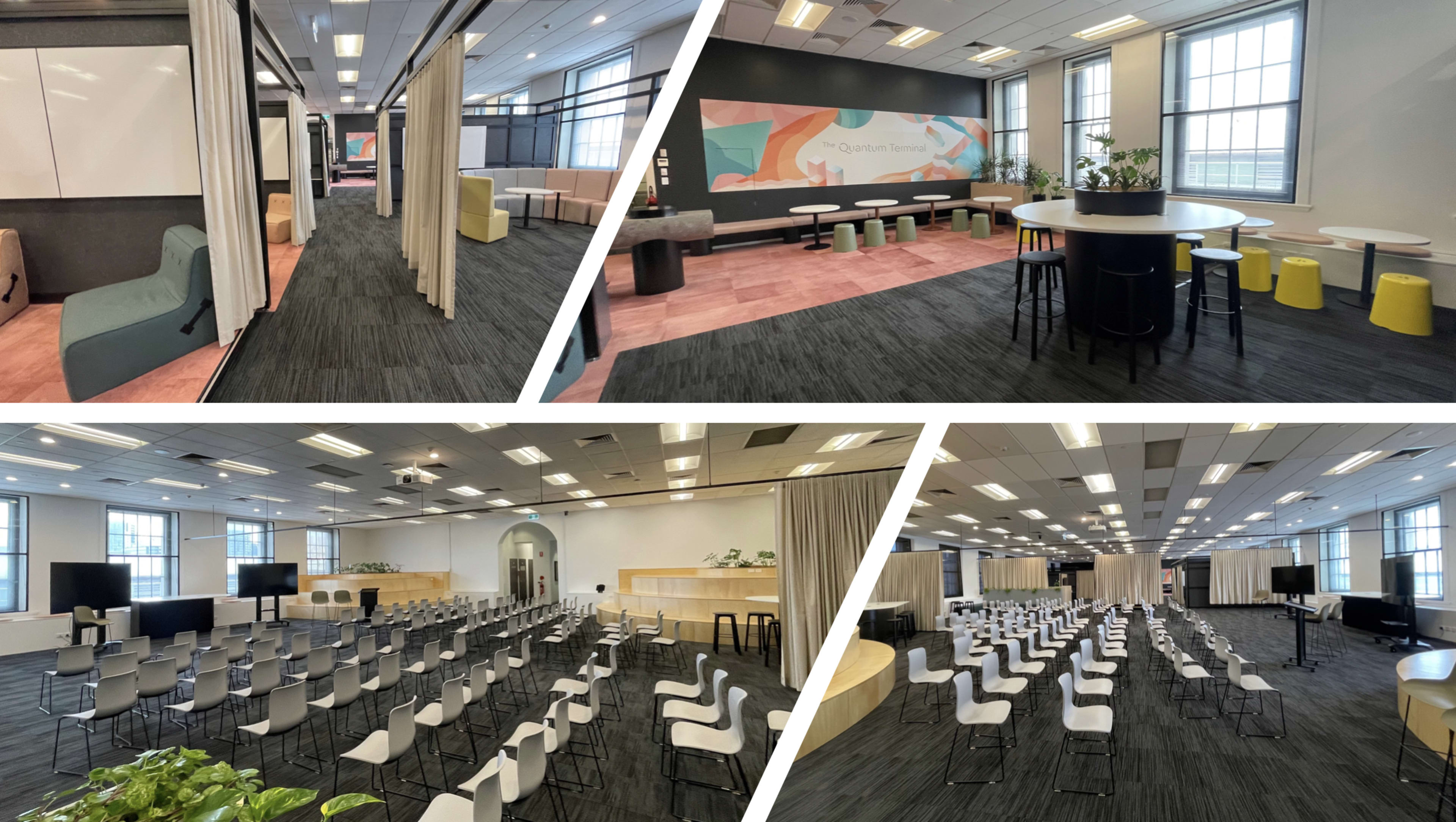 A modern multipurpose room featuring flexible seating arrangements, partitions, and a central stage area for events.
