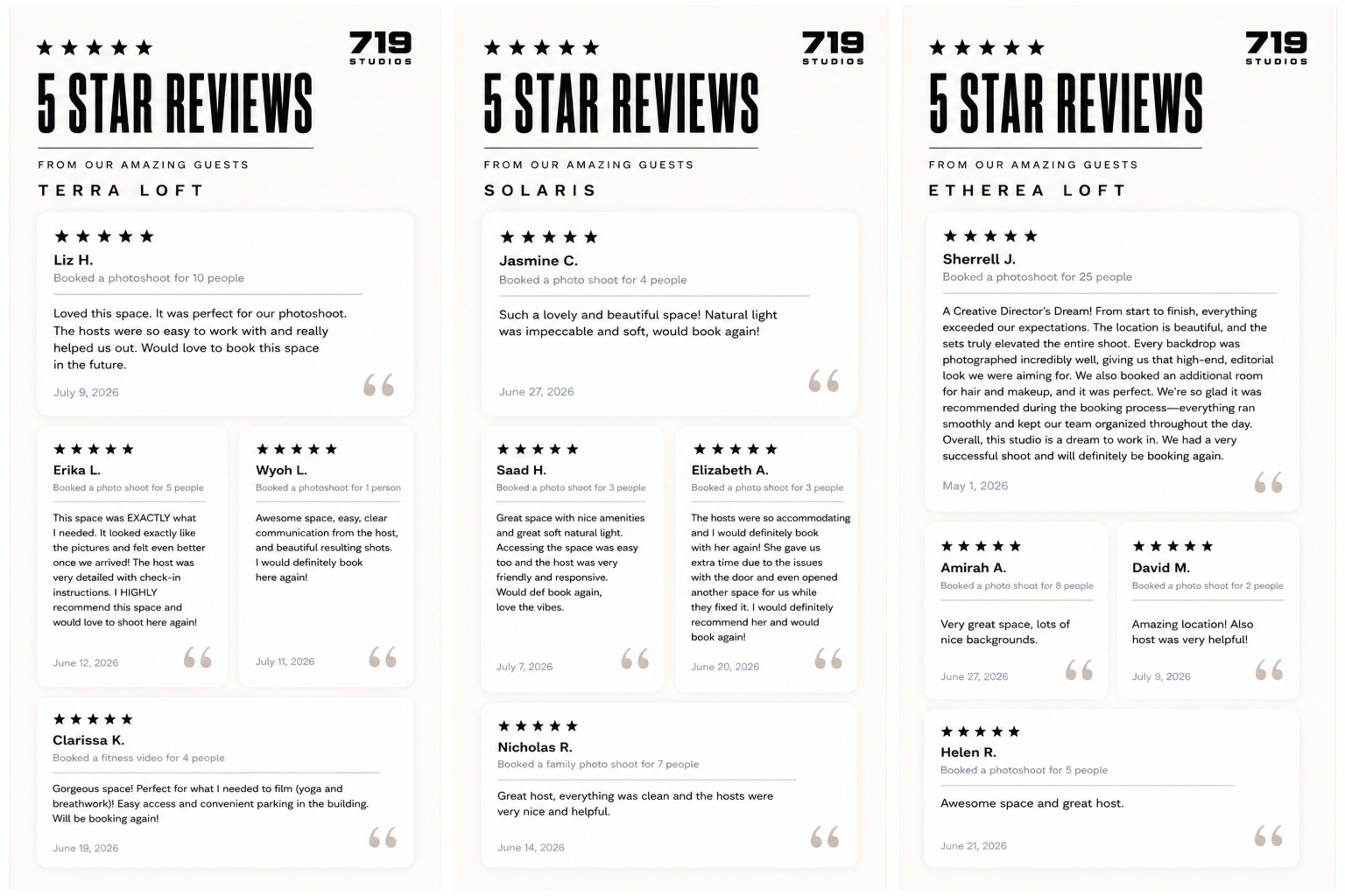 The image displays a collection of five-star reviews from guests of three different studio properties: Terra Loft, Solaris, and Etherea Loft.