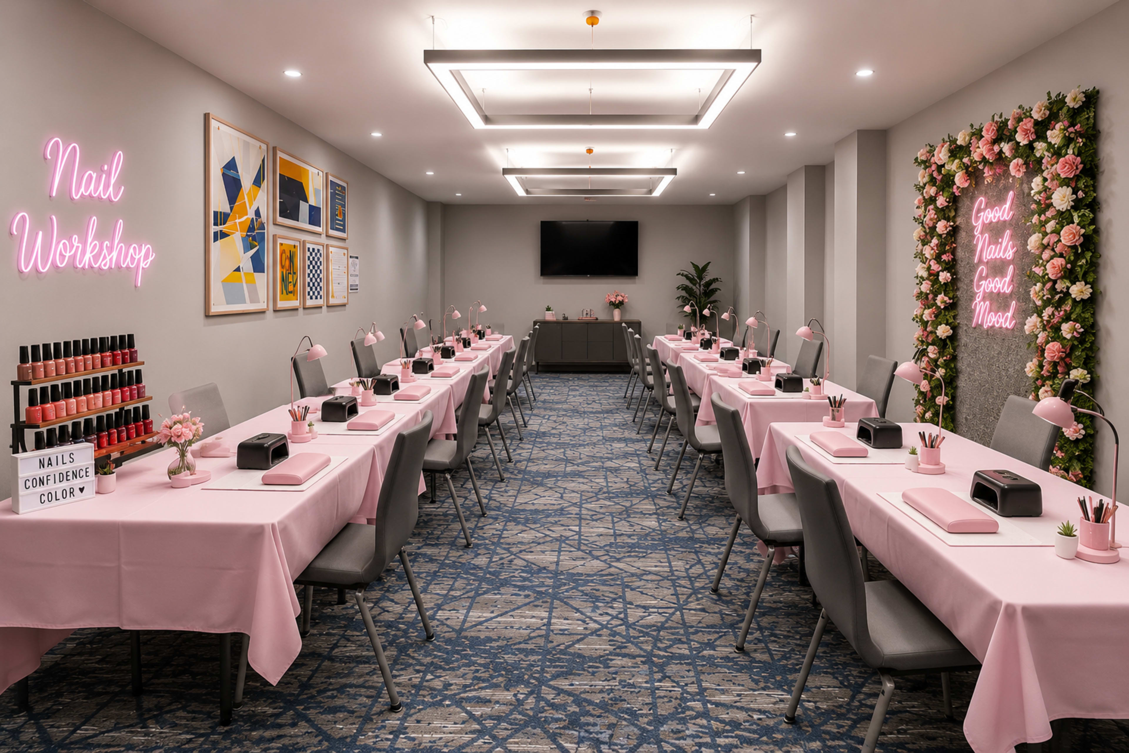 The image shows a neatly arranged workshop room with tables covered in pink cloths, equipped with nail polish bottles and labeled kits for a nail workshop, accented by floral decorations and motivational signs on the walls.
