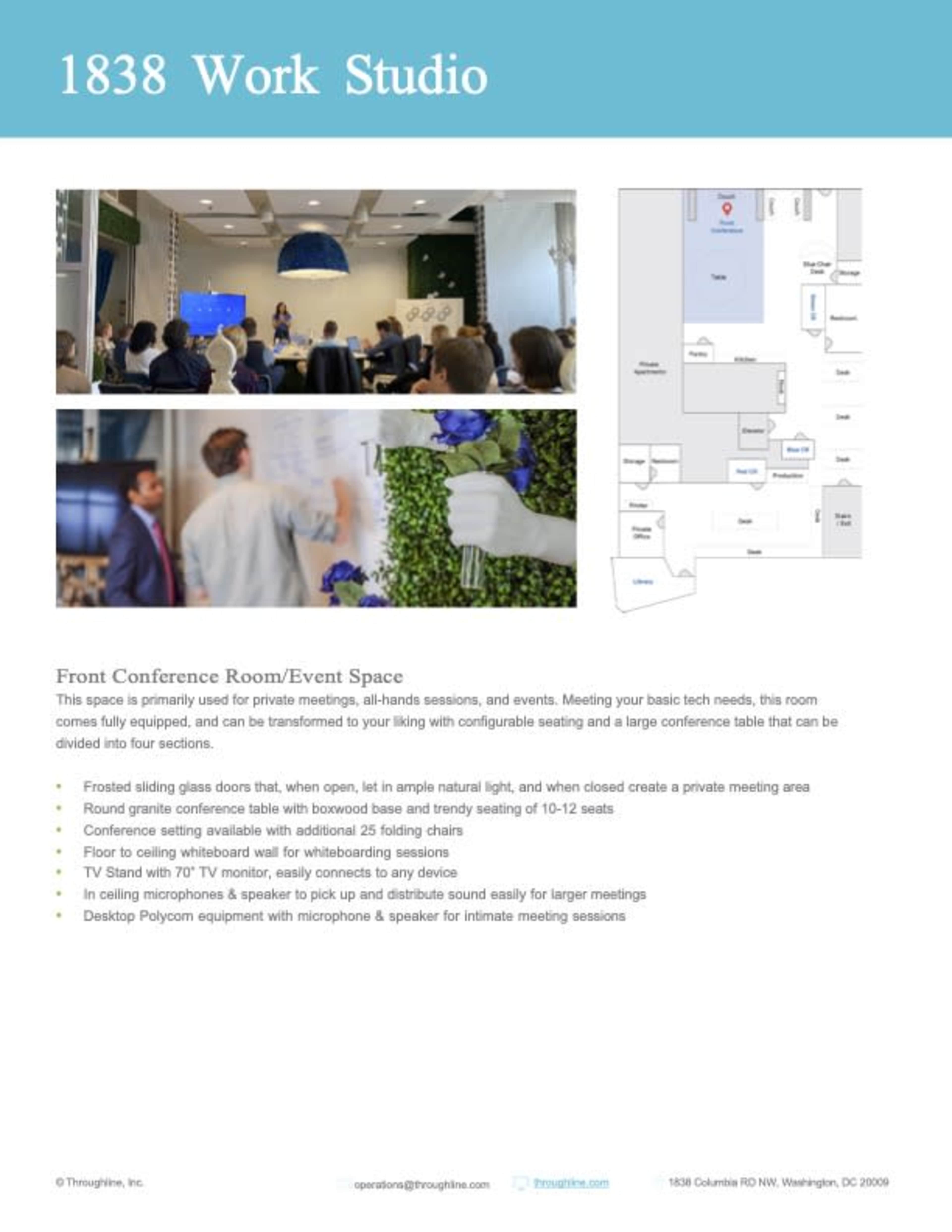 The image displays a description and layout of the 1838 Work Studio, highlighting its front conference room designed for meetings and events, with features like adjustable lighting, a large screen, and flexible seating arrangements.