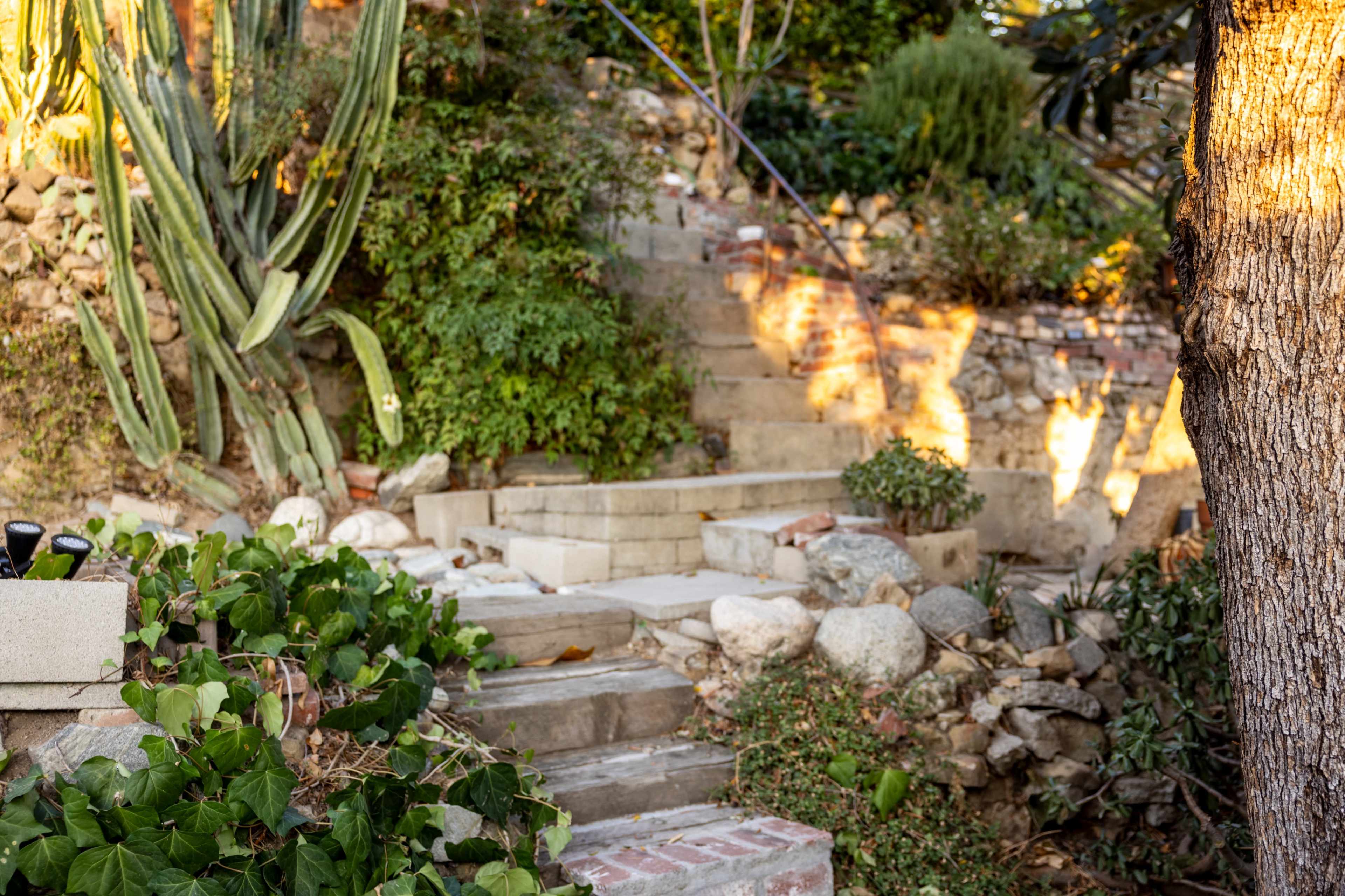 The image shows a stone pathway leading up a set of stairs surrounded by greenery and rock formations.