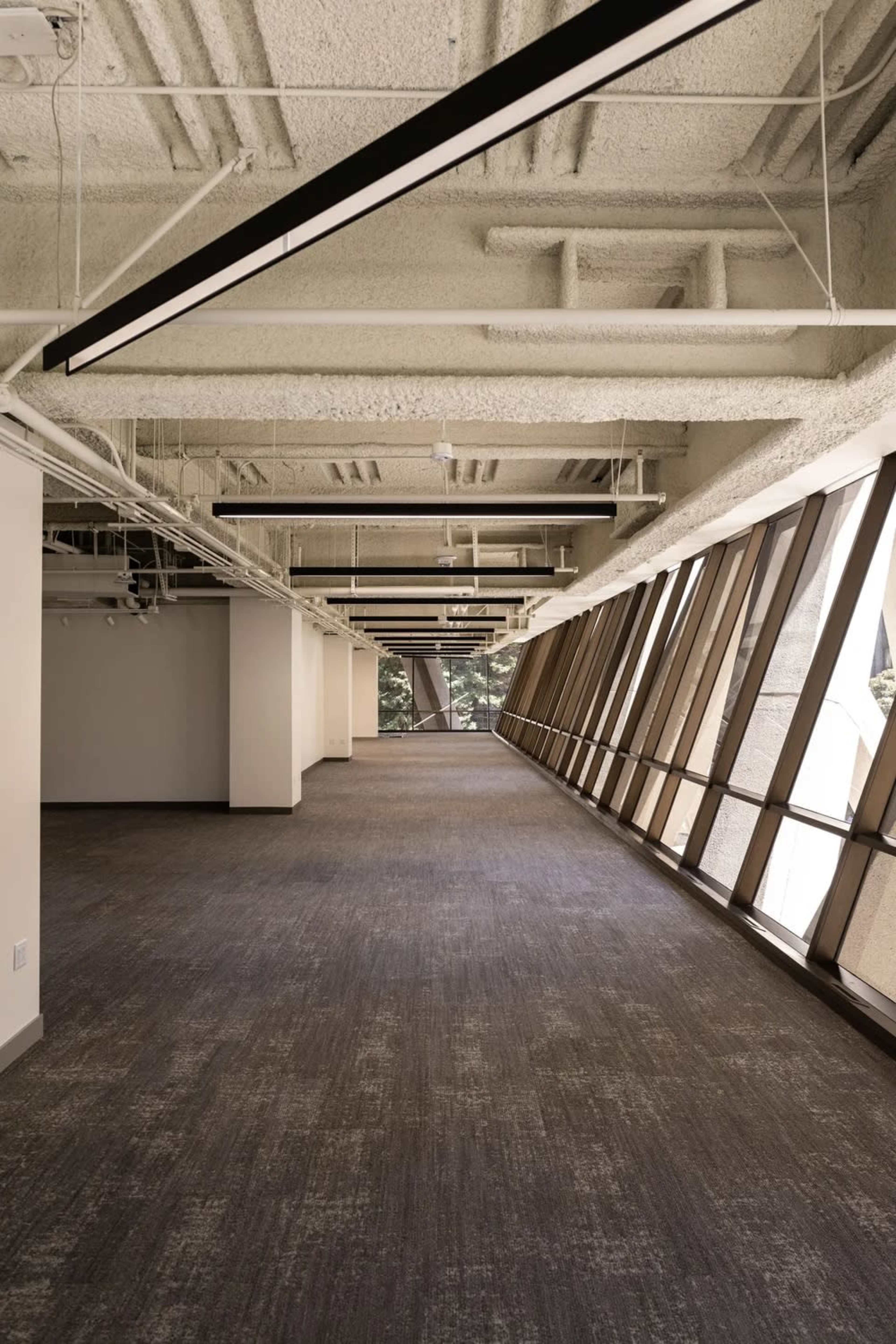 The image shows a spacious, modern interior hallway with large, angled windows and a textured ceiling.