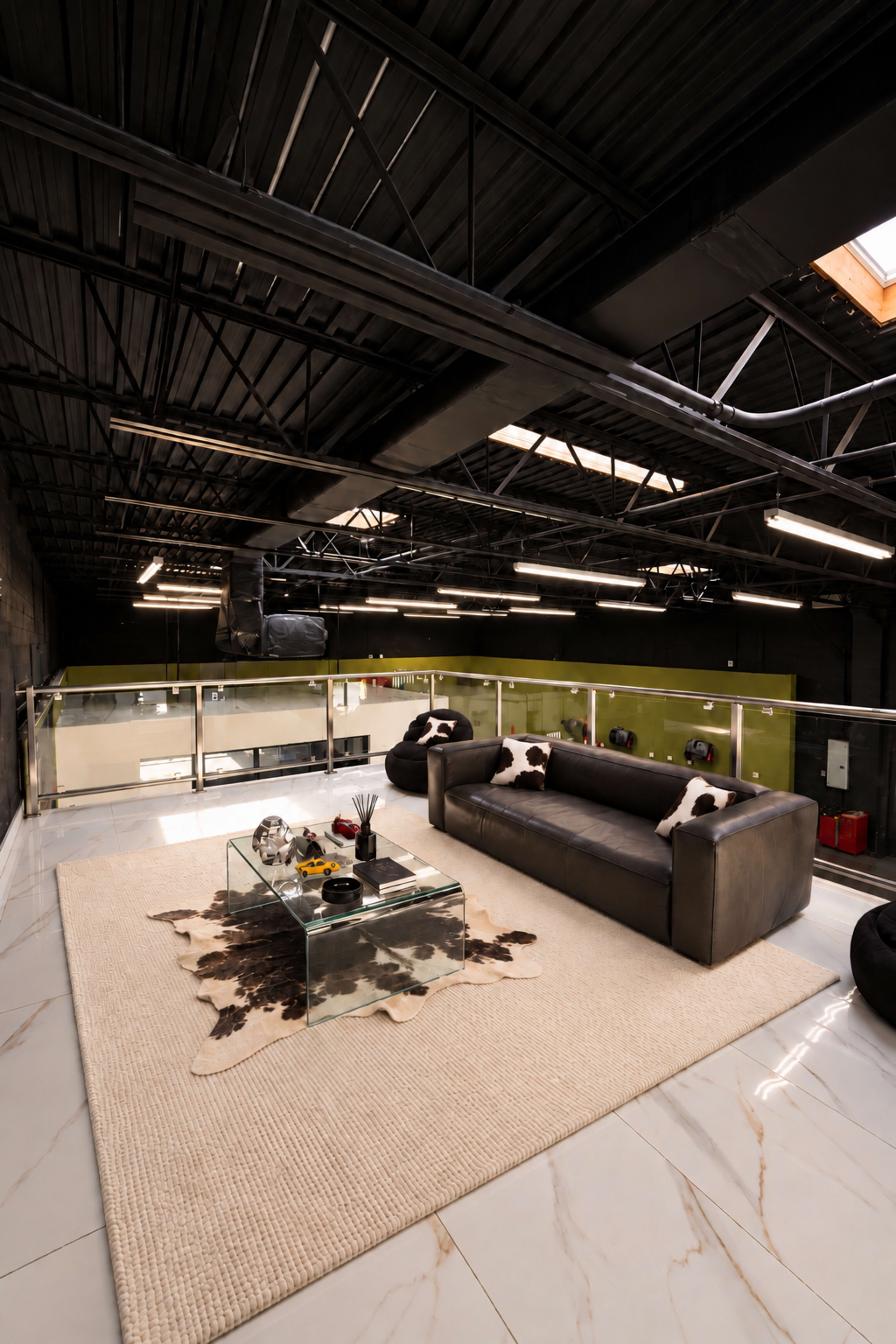 The image shows a modern loft-style living area featuring a leather sofa, a glass coffee table, and a large area rug on polished tile flooring, all under a high ceiling with exposed beams and skylights.