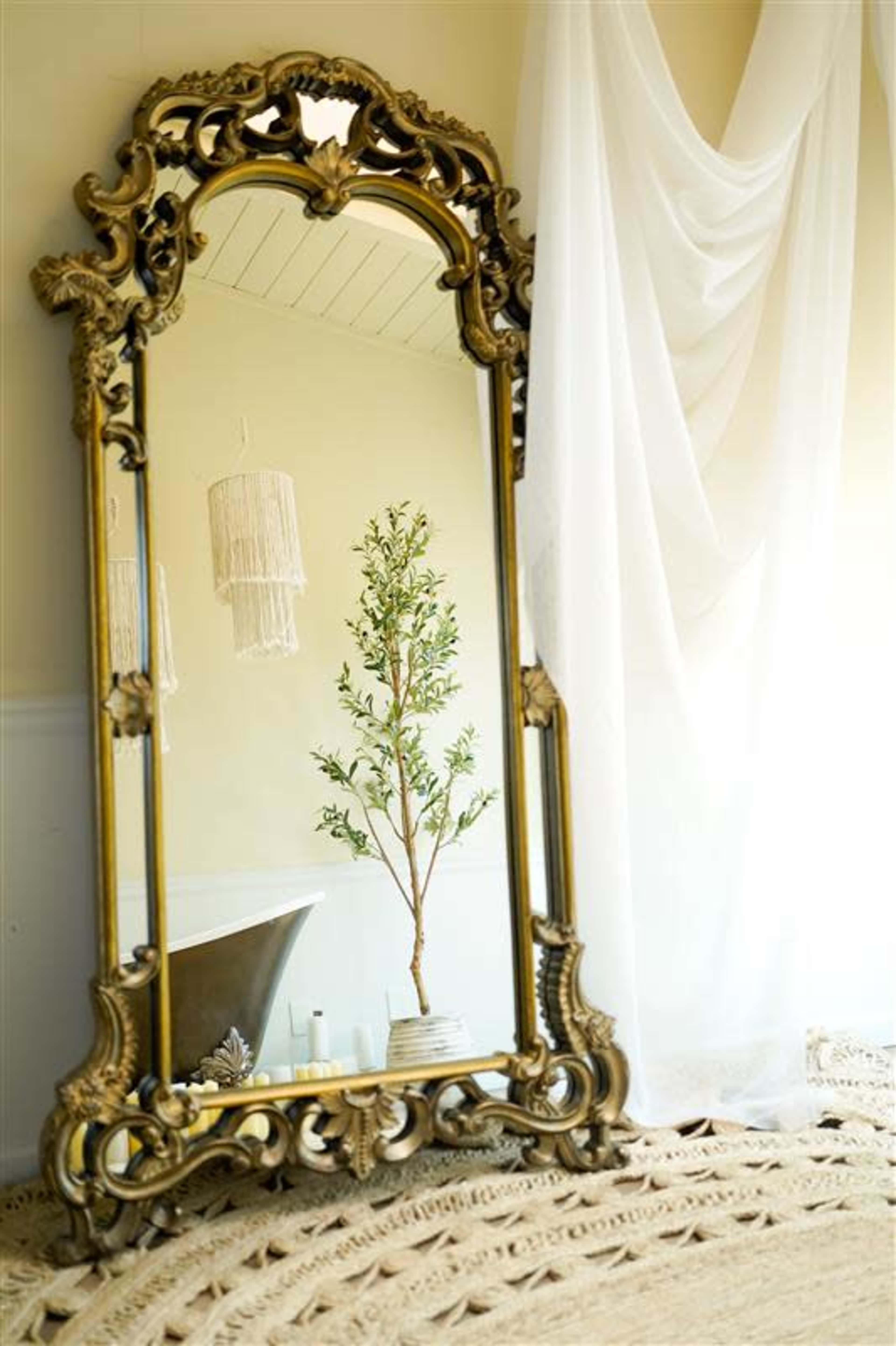 A tall, ornate gold-framed mirror reflects a small potted tree and part of a cozy room.