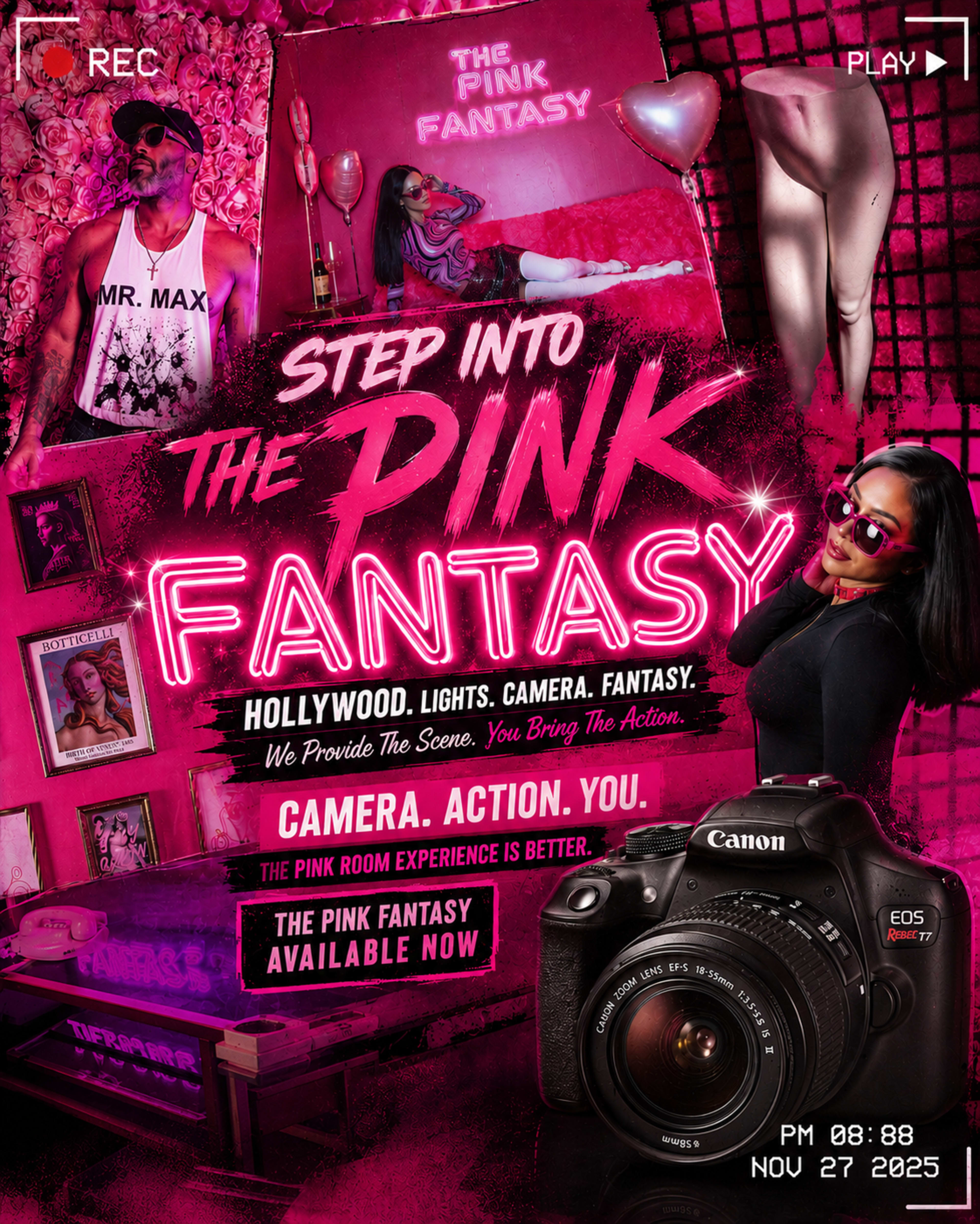 The image features a promotional graphic for "The Pink Fantasy," showcasing vibrant pink text, a camera, and models posing in a Hollywood-inspired setting.