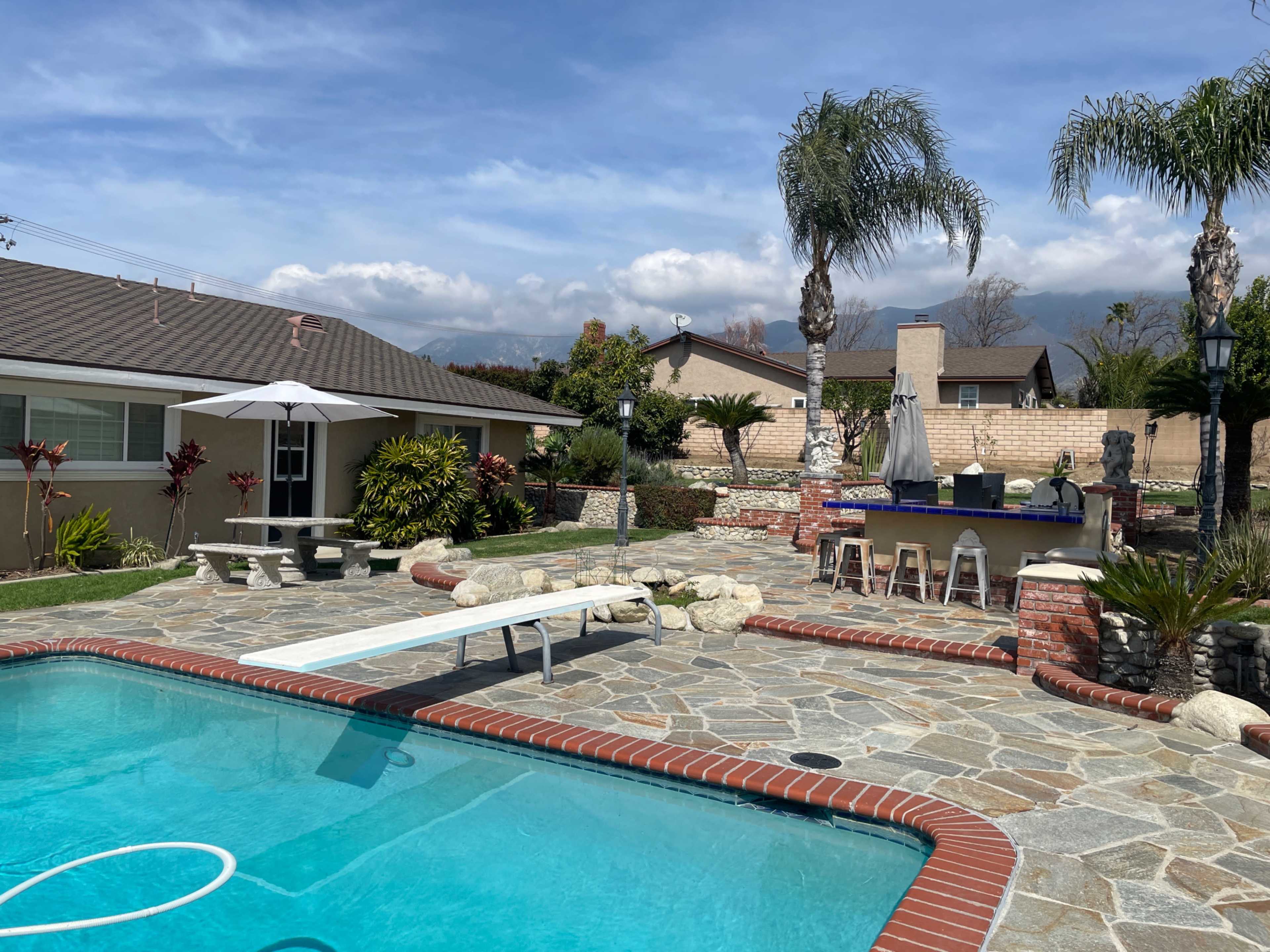 A backyard pool area with a diving board, patio seating, and a barbecue setup, surrounded by palm trees and a residential neighborhood in the background.