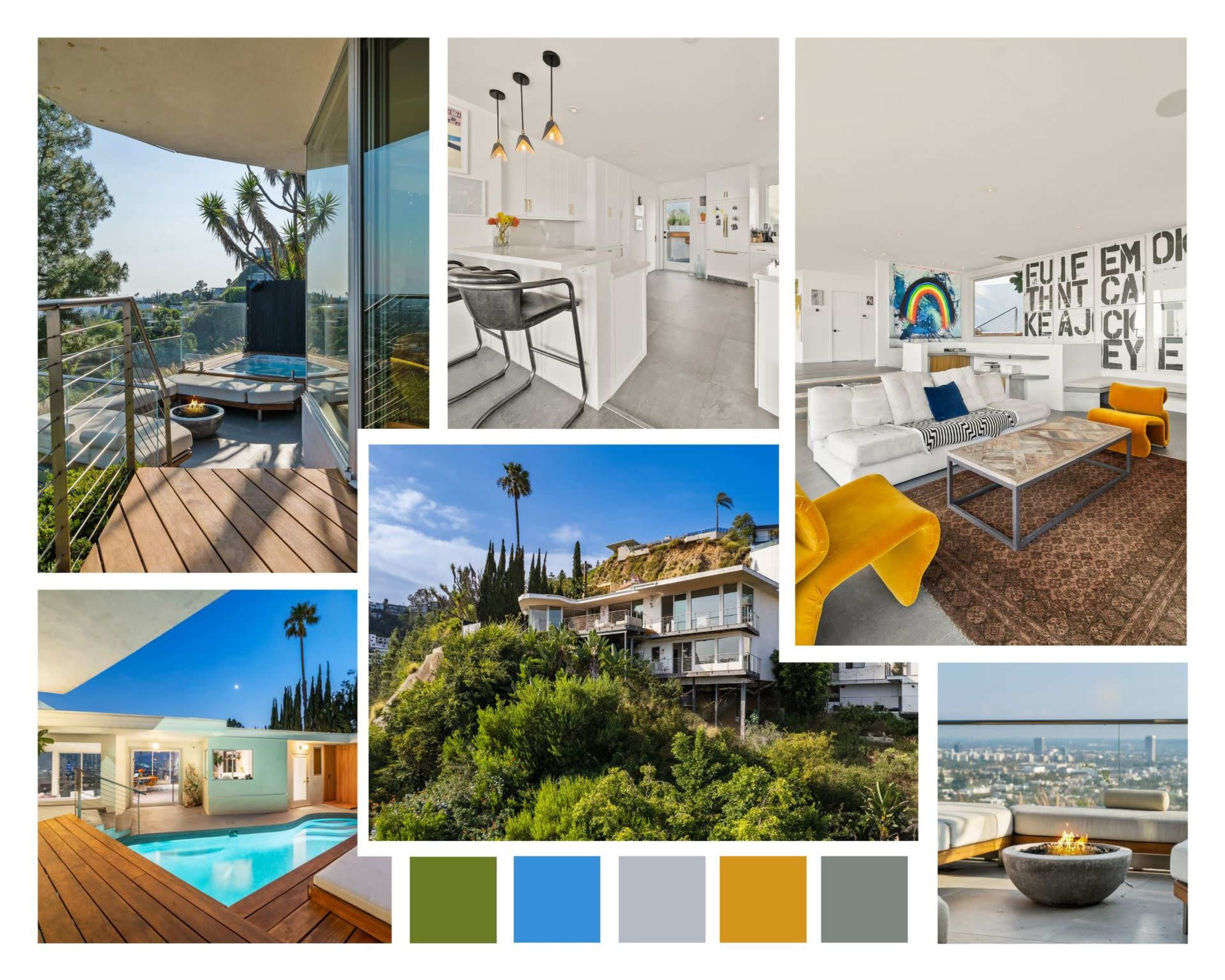 The image displays a modern home featuring a pool, stylish living spaces, and views of greenery and city landscapes.