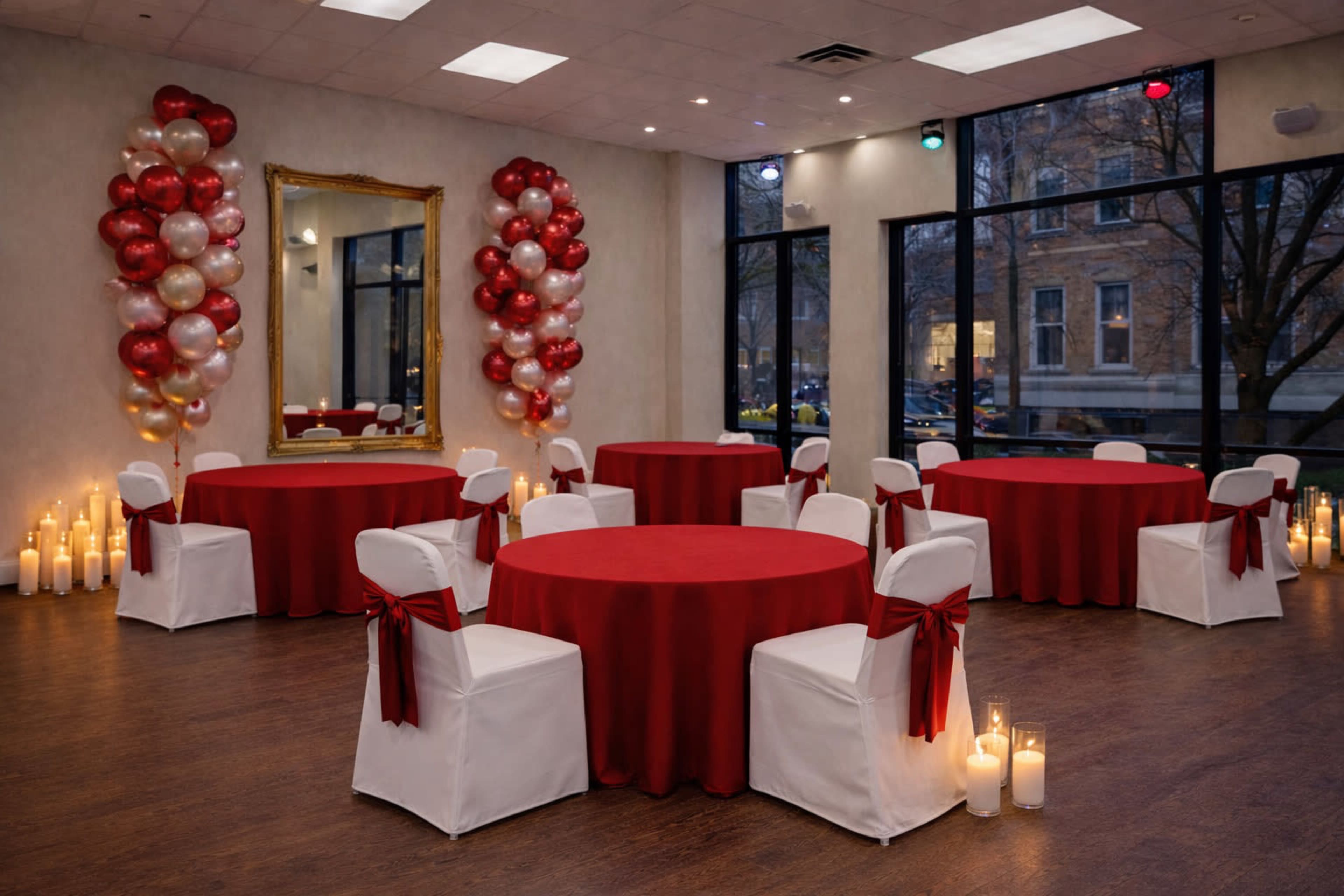 The image depicts a decorated event space with round tables covered in red tablecloths, white chairs with red bows, and balloon arrangements in the corners, illuminated by candles.